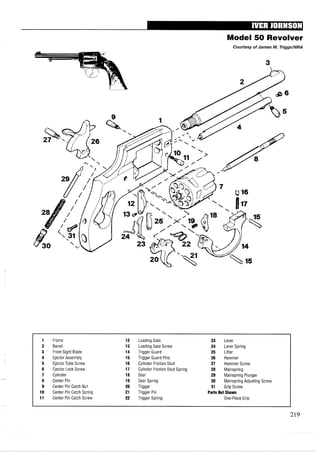 Model 50 Revolver
Courtesy of James M. TriggslNRA
1 Frame 12 Loading Gate 23 Lever
2 Barrel 13 Loading Gate Screw 24 Lever Spring
3 Front Sight Blade 14 Trigger Guard 25 Lifter
4 Ejector Assembly 15 Trigger Guard Pins 26 Hammer
5 Ejector Tube Screw 16 Cylinder Friction Stud 27 Hammer Screw
6 Ejector Lock Screw 17 Cylinder Friction Stud Spring 28 Mainspring
7 Cylinder 18 Sear 29 Mainspring Plunger
8 Center Pin 19 Sear Spring 30 Mainspring Adjusting Screw
9 Center Pin Catch Nut 20 Trigger 31 Grip Screw
10 Center Pin Catch Spring 21 Trigger Pin Parts Not Shown
11 Center Pin Catch Screw 22 Trigger Spring One-Piece Grip
 