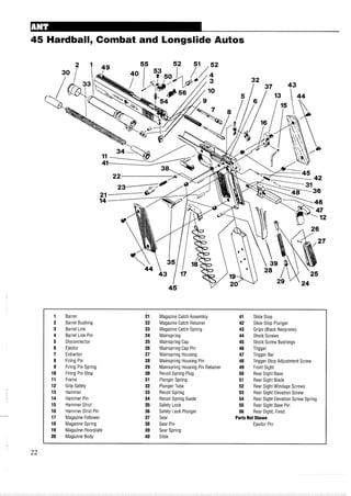45 Hardball, Combat and Longslide Autos
1 Barrel 21 Magazine Catch Assembly 41 Slide Stop
2 Barrel Bushing 22 Magazine Catch Retainer 42 Slide Stop Plunger
3 Barrel Link 23 Magazine Catch Spring 43 Grips (Black Neoprene)
4 Barrel Link Pin 24 Mainspring 44 Stock Screws
5 Disconnector 25 Mainspring Cap 45 Stock Screw Bushings
6 Ejector 26 Mainspring Cap Pin 46 Trigger
7 Extractor 27 Mainspring Housing 47 Trigger Bar
8 Firing Pin 28 Mainspring Housing Pin 48 Trigger Stop Adjustment Screw
9 Firing Pin Spring 29 Mainspring Housing Pin Retainer 49 Front Sight
10 Firing Pin Stop 30 Recoil Spring Plug 50 Rear Sight Base
11 Frame 31 Plunger Spring 51 Rear Sight Blade
12 Grip Safety 32 Plunger Tube 52 Rear Sight Windage Screws
13 Hammer 33 Recoil Spring 53 Rear Sight Elevation Screw
14 Hammer Pin 34 Recoil Spring Guide 54 Rear Sight Elevation Screw Spring
15 Hammer Strut 35 Safety Lock 55 Rear Sight Base Pin
16 Hammer Strut Pin 36 Safety Lock Plunger 56 Rear Sight, Fixed
17 Magazine Follower 37 Sear PartsNot Shown
18 Magazine Spring 38 Sear Pin Ejector Pin
19 Magazine Floorplate 39 Sear Spring
20 Magazine Body 40 Slide
 