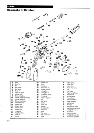 Comanche III Revolver
Q,
16
-
1 Barrel 22 Hammer Cam 43 Trigger Spring
2 Barrel Pin 23 Hand 44 Trigger Stud
3 Bolt 24 Hand Spring 45 Thumb-Piece
4 Bolt Plunger 25 Hand Spring Pin 46 Thumb-Piece Screw
5 Bolt Spring 26 Hammer Strut Pin 47 Yoke
6 Center Pin 27 Locking Bolt 48 Yoke Screws
7 Center Pin Spring 28 Locking Bolt Pin 49 Trigger Spring Plunger
8 Cylinder Stop 29 Locking Bolt Spring 50 Hammer Stud
9 Cylinder Stop Center 30 Pin Bushing 51 Hammer Spring
10 Cylinder Stop Plunger Spring 31 Pressure Regulator 52 Hammer Strut
11 Cylinder Stop Screw 32 Sear 53 Hammer Strut Prop
12 Cylinder Stop Plunger 33 Sear Spring 54 Trigger Spring Pin
13 CylinderIExtractor 34 Sear Pin 55 Rear Sight Leaf
14 Extractor Rod 35 Steady Pins 56 Rear Sight
15 Extractor Spring 36 Sideplate 57 Rear Sight Leaf Screw
16 Extractor Collar 37 Stock Guide Pin 58 Rear Sight Windage Screw
17 Extractor Pins 38 Stock Screw 59 Rear Sight Screw Nut
18 Firing Nose 39 Stocks 60 Ball Springs
19 Firing Nose Spring 40 Plate Screw 61 Elevation Nut Balls
20 Frame Lug 41 Plate Screw, Upper 62 Rear Sight Elevation Nut
21 Hammer 42 Trigger 63 Disconnector Spring Pin
244
 