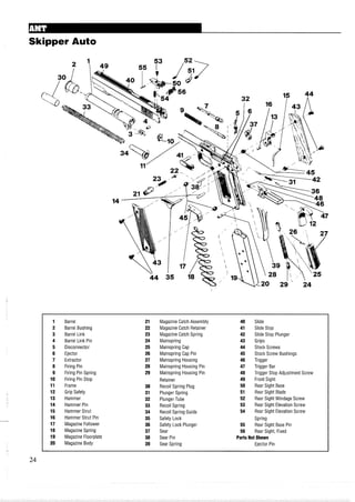 Skipper Auto
1 Barrel 21 Magazine Catch Assembly 40 Slide
2 Barrel Bushing 22 Magazine Catch Retainer 41 Slide Stop
3 Barrel Link 23 Magazine Catch Spring 42 Slide Stop Plunger
4 Barrel Link Pin 24 Mainspring 43 Grips
5 Disconnector 25 Mainspring Cap 44 Stock Screws
6 Ejector 26 Mainspring Cap Pin 45 Stock Screw Bushings
7 Extractor 27 Mainspring Housing 46 Trigger
8 Firing Pin 28 Mainspring Housing Pin 47 Trigger Bar
9 Firing Pin Spring 29 Mainspring Housing Pin 48 Trigger Stop Adjustment Screw
10 Firing Pin Stop Retainer 49 Front Sight
11 Frame 30 Recoil Spring Plug 50 Rear Sight Base
12 Grip Safety 31 Plunger Spring 51 Rear Sight Blade
13 Hammer 32 Plunger Tube 52 Rear Sight Windage Screw
14 Hammer Pin 33 Recoil Spring 53 Rear Sight Elevation Screw
15 Hammer Strut 34 Recoil Spring Guide 54 Rear Sight Elevation Screw
16 Hammer Strut Pin 35 Safety Lock Spring
17 Magazine Follower 36 Safety Lock Plunger 55 Rear Sight Base Pin
18 MagazineSpring 37 Sear 56 Rear Sight, Fixed
19 Magazine Floorplate 38 Sear Pin Parts Not Shown
20 Magazine Body 39 Sear Spring Ejector Pin
 