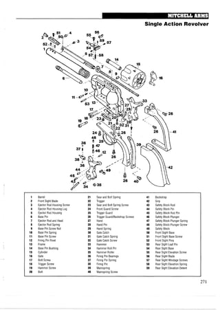 Single Action Revolver
1 Barrel 21 Sear and Bolt Spring 41 Backstrap
2 Front Sight Blade 22 Trigger 42 Grip
3 Ejector Rod Housing Screw 23 Sear and Bolt Spring Screw 43 Safety Block Rod
4 Ejector Rod Housing Lug 24 Front Guard Screw 44 Safety Block Pin
5 Ejector Rod Housing 25 Trigger Guard 45 Safety Block Rod Pin
6 Base Pin 26 Trigger Guard/Backstrap Screws 46 Safety Block Plunger
7 Ejector Rod and Head 27 Hand 47 Safety Block Plunger Spring
8 Ejector Rod Spring 28 Hand Pin 48 Safety Block Plunger Screw
9 Base Pin Screw Nut 29 Hand Spring 49 Safety Block
10 Base Pin Spring 30 Gate Catch 50 Front Sight Base
11 Base Pin Screw 31 Gate Catch Spring 51 Front Sight Base Screw
12 Firing Pin Rivet 32 Gate Catch Screw 52 Front Sight Pins
13 Frame 33 Hammer 53 Rear Sight Leaf Pin
14 Base Pin Bushing 34 Hammer Roll Pin 54 Rear Sight Base
15 Cylinder 35 Hammer Roller 55 Rear Sight Elevation Screw
16 Gate 36 Firing Pin Bearings 56 Rear Sight Blade
17 Bolt Screw 37 Firing Pin Spring 57 Rear Sight Windage Screws
18 Trigger Screw 38 Firing Pin 58 Rear Sight Elevation Spring
19 Hammer Screw 39 Mainspring 59 Rear Sight Elevation Detent
20 Bolt 40 Mainspring Screw
 