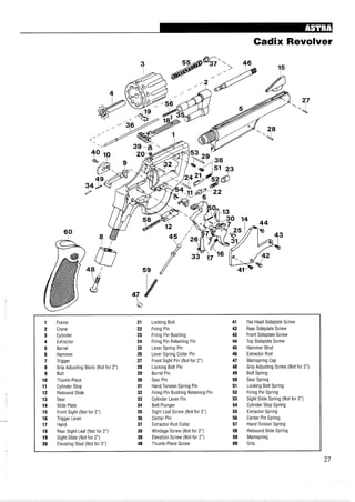 Cadix Revolver
1 Frame 21 Locking Bolt 41 Flat Head Sideplate Screw
2 Crane 22 Firing Pin 42 Rear Sideplate Screw
3 Cylinder 23 Firing Pin Bushing 43 Front Sideplate Screw
4 Extractor 24 Firing Pin Retaining Pin 44 Top Sideplate Screw
5 Barrel 25 Lever Spring Pin 45 Hammer Strut
6 Hammer 26 Lever Spring Collar Pin 46 Extractor Rod
7 Trigger 27 Front Sight Pin (Not for 2") 47 Mainspring Cap
8 Grip Adjusting Block (Not for 2") 28 Locking Bolt Pin 48 Grip Adjusting Screw (Not for 2")
9 Bolt 29 Barrel Pin 49 Bolt Spring
10 Thumb-Piece 30 Sear Pin 50 Sear Spring
11 Cylinder Stop 31 Hand Torsion Spring Pin 51 Locking Bolt Spring
12 Rebound Slide 32 Firing Pin Bushing Retaining Pin 52 Firing Pin Spring
13 Sear 33 Cylinder Lever Pin 53 Sight Slide Spring (Not for 2")
14 Slide Plate 34 Bolt Plunger 54 Cylinder Stop Spring
15 Front Sight (Not for 2") 35 Sight Leaf Screw (Not for 2") 55 Extractor Spring
16 Trigger Lever 36 Center Pin 56 Center Pin Spring
17 Hand 37 Extractor Rod Collar 57 Hand Torsion Spring
18 Rear Sight Leaf (Not for 2") 38 Windage Screw (Not for 2") 58 Rebound Slide Spring
19 Sight Slide (Not for 2") 39 Elevation Screw (Not for 2") 59 Mainspring
20 Elevating Stud (Not for 2") 40 Thumb-Piece Screw 60 Grip
 