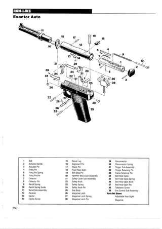 Exactor Auto
1 Bolt 15 Recoil Lug 29 Disconnector
2 Actuator Handle 16 Alignment Pin 30 Disconnector Spring
3 Actuator Pin 17 Shank Pin 31 Trigger Sub-Assembly
4 Firing Pin 18 Fixed Rear Sight 32 Trigger Retaining Pin
5 Firing Pin Spring 19 Bolt Stop Pin 33 Frame Retaining Pin
6 Firing Pin Pin 20 Hammer Block Sub-Assembly 34 Bolt Hold-Open
7 Extractor 21 Safety-Lever Sub-Assembly 35 Bolt Hold-Open Spring
8 Extractor Pin 22 Safety Knob 36 Bolt Hold-Open Knob
9 Recoil Spring 23 Safety Spring 37 Bolt Hold-Open Pin
10 Recoil Spring Guide 24 Safety Knob Pin 38 Takedown Screw
11 Barrel Sub-Assembly 25 Grip Body 39 Fire Control Sub-Assembly
12 Receiver 26 Magazine Latch Parts Not Shown
13 Ejector 27 Magazine Latch Spring Adjustable Rear Sight
14 Ejector Screw 28 Magazine Latch Pin Magazine
 