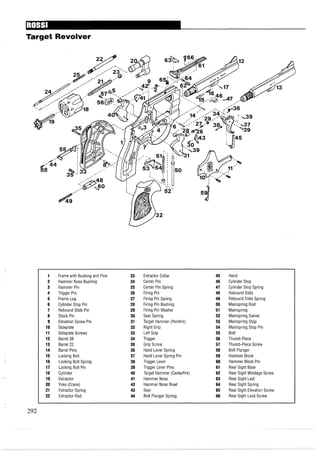 Target Revolver
Frame with Bushing and Pins
Hammer Nose Bushing
Hammer Pin
Trigger Pin
Frame Lug
Cylinder Stop Pin
Rebound Slide Pin
Stock Pin
Elevation Screw Pin
Sideplate
Sideplate Screws
Barrel 38
Barrel 22
Barrel Pins
Locking Bolt
Locking Bolt Spring
Locking Bolt Pin
Cylinder
Extractor
Yoke (Crane)
Extractor Spring
Extractor Rod
Extractor Collar
Center Pin
Center Pin Spring
Firing Pin
Firing Pin Spring
Firing Pin Bushing
Firing Pin Washer
Sear Spring
Target Hammer (Rimfire)
Right Grip
Left Grip
Trigger
Grip Screw
Hand Lever Spring
Hand Lever Spring Pin
Trigger Lever
Trigger Lever Pins
Target Hammer (Centerfire)
Hammer Nose
Hammer Nose Rivet
Sear
Bolt Plunger Spring
Hand
Cylinder Stop
Cylinder Stop Spring
Rebound Slide
Rebound Slide Spring
Mainspring Rod
Mainspring
Mainspring Swivel
Mainspring Stop
Mainspring Stop Pin
Bolt
Thumb-Piece
Thumb-Piece Screw
Bolt Plunger
Hammer Block
Hammer Block Pin
Rear Sight Base
Rear Sight Windage Screw
Rear Sight Leaf
Rear Sight Spring
Rear Sight Elevation Screw
Rear Sight Lock Screw
 