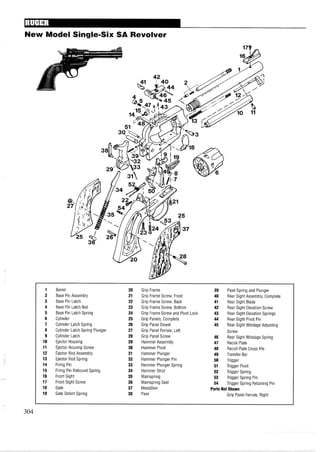 New Model Single-Six SA Revolver
1 Barrel 20 Grip Frame 39 Pawl Spring and Plunger
2 Base Pin Assembly 21 Grip Frame Screw, Front 40 Rear Sight Assembly, Complete
3 Base Pin Latch 22 Grip Frame Screw, Back 41 Rear Sight Blade
4 Base Pin Latch Nut 23 Grip Frame Screw, Bottom 42 Rear Sight Elevation Screw
5 Base Pin Latch Spring 24 Grip Frame Screw and Pivot Lock 43 Rear Sight Elevation Springs
6 Cylinder 25 Grip Panels, Complete 44 Rear Sight Pivot Pin
7 Cylinder Latch Spring 26 Grip Panel Dowel 45 Rear Sight Windage Adjusting
8 Cylinder Latch Spring Plunger 27 Grip Panel Ferrule, Left Screw
9 Cylinder Latch 28 Grip Panel Screw 46 Rear Sight Windage Spring
10 Ejector Housing 29 Hammer Assembly 47 Recoil Plate
11 Ejector Housing Screw 30 Hammer Pivot 48 Recoil Plate Cross Pin
12 Ejector Rod Assembly 31 Hammer Plunger 49 Transfer Bar
13 Ejector Rod Spring 32 Hammer Plunger Pin 50 Trigger
14 Firing Pin 33 Hammer Plunger Spring 51 Trigger Pivot
15 Firing Pin Rebound Spring 34 Hammer Strut 52 Trigger Spring
16 Front Sight 35 Mainspring 53 Trigger Spring Pin
17 Front Sight Screw 36 Mainspring Seat 54 Trigger Spring Retaining Pin
18 Gate 37 Medallion Parts Not Shown
19 Gate Detent Spring 38 Pawl Grip Panel Ferrule, Right
 