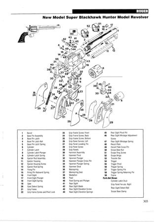 New Model Super Blackhawk Hunter Model Revolver
1 Barrel 23 Grip Frame Screw, Front 45 Rear Sight Pivot Pin
2 Base Pin Assembly 24 Grip Frame Screw, Back 46 Rear Sight Windage Adjustment
3 Base Pin Latch 25 Grip Frame Screw, Bottom Screw
4 Base Pin Latch Nut 26 Grip Panel Ferrule, Left 47 Rear Sight Windage Spring
5 Base Pin Latch Spring 27 Grip Panel Locating Pin 48 Recoil Plate
6 Cylinder 28 Grip Panel Screw 49 Recoil Plate Cross Pin
7 Cylinder Latch 29 Grip Panels 50 Scope Base Nut
8 Cylinder Latch Plunger 30 Hammer Assembly 51 Scope Ring Screw
9 Cylinder Latch Spring 31 Hammer Pivot 52 Scope Rings
10 Ejector Rod Assembly 32 Hammer Plunger 53 Transfer Bar
11 Ejector Housing 33 Hammer Plunger Cross Pin 54 Trigger
12 Ejector Housing Screw 34 Hammer Plunger Spring 55 Trigger Pivot
13 Ejector Rod Spring 35 Hammer Strut 56 Trigger Spring
14 Firing Pin 36 Mainspring 57 Trigger Spring Pin
15 Firing Pin Rebound Spring 37 Mainspring Seat 58 Trigger Spring Retaining Pin
16 Front Sight 38 Medallion 59 Frame
17 Front Sight Plunger 39 Pawl Parts Not Shown
18 Front Sight Spring 40 Pawl Spring and Plunger Cylinder Latch Stud
19 Gate 41 Rear Sight Grip Panel Ferrule, Right
20 Gate Detent Spring 42 Rear Sight Blade
43 Rear Sight Elevation Screw
Rear Sight Detent Ball
21 Grip Frame
22 Grip Frame Screw and Pivot Lock 44 Rear Sight Elevation Springs Scope Base Clamp
 