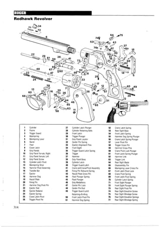 Redhawk Revolver
Cylinder
Frame
Trigger Guard
Mainspring
Mainspring Lever
Barrel
Pawl
Crane Latch
Grip Panels
Grip Panel Ferrule, Right
Grip Panel Ferrule, Left
Grip Panel Screw
Cylinder Latch Pivot
Mainspring Strut
Hammer Pivot Assembly
Transfer Bar
Ejector
Hammer Dog
Recoil Plate
Firing Pin
Hammer Dog Pivot Pin
Ejector Rod
Ejector Retainer
Ejector Spring
Crane Latch Pivot
Trigger Pivot Pin
Cylinder Latch Plunger
Cylinder Retaining Balls
Front Latch
Trigger Plunger
Grip Panel Locator
Center Pin Spring
Ejector Alignment Pins
Front Sight
Trigger Guard Latch Spring
Trigger
Hammer
Grip Panel Boss
Cylinder Latch
Trigger Guard Latch
Crane and CraneJPivot Assembly
Firing Pin Rebound Spring
Recoil Plate Cross Pin
Pawl Plunger Spring
Pawl Plunger
Grip Medallions
Center Pin Lock
Center Pin Rod
Trigger Guard Latch
Retaining<R>Ring
Front Latch Pivot Pin
Hammer Dog Spring
Crane Latch Spring
Rear Sight Base
Front Latch Spring
Hammer Dog Spring Plunger
Crane Latch Spring Plunger
Lever Pivot Pin
Trigger Cross Pin
Hammer Cross Pins
Crane Pivot Lock Plunger
Front Latch Spring Plunger
Hammer Link
Trigger Link
Rear Sight Blade
Disassembly Pin
Mainspring Lever Cross Pin
Front Latch Pivot Lock
Crane Pivot Spring
Front Latch Pivot Spring
Cylinder Latch Spring
Front Sight Plunger
Front Sight Plunger Spring
Rear Sight Pivot Pin
Rear Sight Elevation Screw
Rear Sight Windage Screw
Rear Sight Elevation Springs
Rear Sight Windage Spring
 