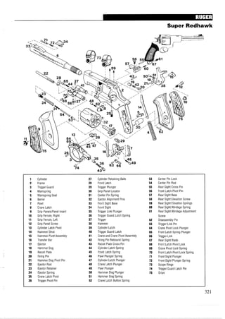 Super Redhawk
1 Cylinder 27 Cylinder Retaining Balls 53 Center Pin Lock
2 Frame 28 Front Latch 54 Center Pin Rod
3 Trigger Guard 29 Trigger Plunger 55 Rear Sight Cross Pin
4 Mainspring 30 Grip Panel Locator 56 Front Latch Pivot Pin
5 Mainspring Seat 31 Center Pin Spring 57 Rear Sight Base
6 Barrel 32 Ejector Alignment Pins 58 Rear Sight Elevation Screw
7 Pawl 33 Front Sight Base 59 Rear Sight Elevation Springs
8 Crane Latch 34 Front Sight 60 Rear Sight Windage Spring
9 Grip PanelsIPanel Insert 35 Trigger Link Plunger 61 Rear Sight Windage Adjustment
10 Grip Ferrule, Right 36 Trigger Guard Latch Spring Screw
11 Grip Ferrule, Left 37 Trigger 62 Disassembly Pin
12 Grip Panel Screw 38 Hammer 63 Trigger Link Pin
13 Cylinder Latch Pivot 39 Cylinder Latch 64 Crane Pivot Lock Plunger
14 Hammer Strut 40 Trigger Guard Latch 65 Front Latch Spring Plunger
15 Hammer Pivot Assembly 41 Crane and Crane Pivot Assembly 66 Trigger Link
16 Transfer Bar 42 Firing Pin Rebound Spring 67 Rear Sight Blade
17 Ejector 43 Recoil Plate Cross Pin 68 Front Latch Pivot Lock
18 Hammer Dog 44 Cylinder Latch Spring 69 Crane Pivot Lock Spring
19 Recoil Plate 45 Front Latch Spring 70 Front Latch Pivot Lock Spring
20 Firing Pin 46 Pawl Plunger Spring 71 Front Sight Plunger
21 Hammer Dog Pivot Pin 47 Cylinder Latch Plunger 72 Front Sight Plunger Spring
22 Ejector Rod 48 Crane Latch Plunger 73 Scope Rings
23 Ejector Retainer 49 Pawl Plunger 74 Trigger Guard Latch Pin
24 Ejector Spring 50 Hammer Dog Plunger 75 Grips
25 Crane Latch Pivot 51 Hammer Dog Spring
26 Trigger Pivot Pin 52 Crane Latch Button Spring
 