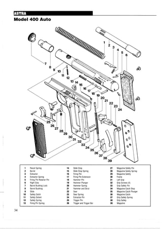 Model 400 Auto
1 Recoil Spring 14 Slide Stop 27 MagazineSafety Pin
2 Barrel 15 Slide Stop Spring 28 Magazine Safety Spring
3 Extractor 16 Firing Pin 29 Magazine Safety
4 Extractor Spring 17 Firing Pin Extension 30 Frame
5 Firing Pin Retainer Pin 18 Hammer Pin 31 LeftGrip
6 Right Grip 19 Hammer Plunger 32 Grip Screws (4)
7 Barrel Bushing Lock 20 Hammer Spring 33 Grip Safety Pin
8 Barrel Bushing 21 Hammer and Strut 34 Magazine Catch Stop
9 Slide 22 Sear 35 Magazine Catch Plunger
10 Safety Catch 23 Sear Spring 36 Magazine Catch
11 Safety Detent 24 Extractor Pin 37 Grip Safety Spring
12 Safety Spring 25 Trigger Pin 38 Grip Safety
13 Firing Pin Spring 26 Trigger and Trigger Bar 39 Magazine
 