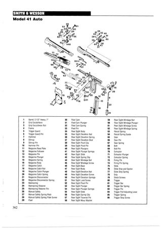 Model 41 Auto
Barrel, 5 112" Heavy, 7"
Grip Escutcheon
Grip Escutcheon Nut
Frame
Trigger Guard
Trigger Guard Pin
Hammer
Stirrup
Stirrup Pin
Hammer Pin
Magazine Base Plate
Magazine Follower
Magazine Pin
Magazine Plunger
Magazine Spring
Magazine Body
Magazine Catch
Magazine Catch Nut
Magazine Catch Plunger
MagazineCatch Spring
Magazine Disconnector
Magazine Disconnector Spring
Mainspring
Mainspring Retainer
Mainspring Retainer Pin
Manual Safety
Manual Safety Spring Plate
Manual Safety Spring Plate Screw
Pawl
Pawl Cam
Pawl Cam Plunger
Pawl Cam Spring
Pawl Pin
Rear Sight Body
Rear Sight Elevation Nut
Rear Sight Elevation Spring
Rear Sight Elevation Stud
Rear Sight Pivot Clip
Rear Sight Pivot Pin
Rear Sight Plungers
Rear Sight Plunger Springs
Rear Sight Slide
Rear Sight Spring Clip
Rear Sight Windage Nut
Rear Sight Windage Screw
Rear Sight Base
Rear Sight Body
Rear Sight Elevation Nut
Rear Sight Elevation Screw
Rear Sight Elevation Springs
Rear Sight Lock Screw
Rear Sight Pivot Pin
Rear Sight Plunger
Rear Sight Plunger Springs
Rear Sight Slide
Rear Sight Spring Clip
Rear Sight Traverse Pin
Rear Sight Wavy Washer
Rear Sight Windage Nut
Rear Sight Windage Plunger
Rear Sight Windage Screw
Rear Sight Windage Spring
Recoil Spring
Recoil Spring Guide
Sear
Sear Pin
Sear Spring
Bolt
Bolt Pin
Extractor
Extractor Plunger
Extractor Spring
Firing Pin
Firing Pin Spring
Slide
Slide Stop and Ejector
Slide Stop Spring
Grip
Stock Screws
Trigger
Trigger Bar
Trigger Bar Spring
Trigger Pin
Trigger Pull Adjusting Lever
Trigger Spring
Trigger Stop Screw
 
