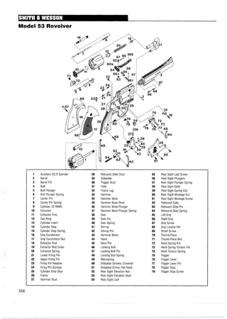 Model 53 Revolver
Auxiliary 22LR Cylinder
Barrel
Barrel Pin
Bolt
Bolt Plunger
Bolt Plunger Spring
Center Pin
Center Pin Spring
Cylinder, 22 WMR
Extractor
Extractor Pins
Gas Ring
Cylinder Insert
Cylinder Stop
Cylinder Stop Spring
Grip Escutcheon
Grip Escutcheon Nut
Extractor Rod
Extractor Rod Collar
Extractor Spring
Lower Firing Pin
Upper Firing Pin
Firing Pin Retainer
Firing Pin Springs
Cylinder Stop Stud
Frame
Hammer Stud
Rebound Slide Stud
Sideplate
Trigger Stud
Yoke
Frame Lug
Hammer
Hammer Nose
Hammer Nose Rivet
Hammer Nose Plunger
Hammer Nose Plunger Spring
Sear
Sear Pin
Sear Spring
Stirrup
Stirrup Pin
Hammer Block
Hand
Hand Pin
Locking Bolt
Locking Bolt Pin
Locking Bolt Spring
Mainspring
Sideplate Screws, Crowned
Sideplate Screw, Flat Head
Rear Sight Elevation Nut
Rear Sight Elevation Stud
Rear Sight Leaf
Rear Sight Leaf Screw
Rear Sight Plungers
Rear Sight Plunger Spring
Rear Sight Slide
Rear Sight Spring Clip
Rear Sight Windage Nut
Rear Sight Windage Screw
Rebound Slide
Rebound Slide Pin
Rebound Slide Spring
Left Grip
Right Grip
Grip Screw
Grip Locator Pin
Strain Screw
Thumb-Piece
Thumb-Piece Nut
Hand Spring Pin
Hand Spring Torsion Pin
HandTorsion Spring
Trigger
Trigger Lever
Trigger Lever Pin
Trigger Stop
Trigger Stop Screw
 