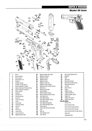 Model 59 Auto
1 Barrel 26 Magazine Base Plate Catch 51 Sear Spring Retaining Pin
2 Barrel Bushing 27 Magazine Follower 52 Sideplate
3 Disconnector 28 Magazine Spring 53 Slide
4 Disconnector Pin 29 Magazine Body 54 Slide Stop
5 Drawbar 30 Magazine Catch 55 Slide Stop Plunger
6 Drawbar Plunger 31 Magazine Catch Nut 56 Slide Stop Plunger Spring
7 Drawbar Plunger Spring 32 Magazine Catch Plunger 57 Slide Stop Spiral Pin
8 Ejector Depressor Plunger 33 Magazine Catch Plunger Spring 58 LeftGrip
9 Ejector Depressor Plunger Spring 34 Mainspring 59 Stock Screws
10 Ejector Magazine Depressor 35 Mainspring Plunger 60 Trigger
11 Ejector Spring 36 Manual Safety 61 Trigger Plunger
12 Extractor 37 Manual Safety Plunger 62 Trigger Plunger Pin
13 Extractor Pin 38 Manual Safety Plunger Spring 63 Trigger Plunger Spring
14 Extractor Spring 39 Rear Sight Leaf 64 Trigger Pin
15 Firing Pin 40 Rear Sght Plunger 65 Trigger Play Spring
16 Firing Pin Spring 41 Rear Sight Plunger Spring 66 Trigger Play Rivet
17 Frame 42 Rear Sight Slide Parts Not Shown
18 Frame Stud 43 Rear Sight Windage Nut Hammer Pin
19 Slide Stop Button 44 Rear Sight Windage Screw Recoil Spring Guide
20 Hammer 45 Recoil Spring Recoil Spring Guide Bushing
21 Stirrup 46 Recoil Spring Guide Assembly
22 Stirrup Pin 47 Sear Recoil Spring Guide Plunger
23 Frame Insert 48 Sear Pin Recoil Spring Guide Plunger Spring
24 Frame Insert Pin 49 Sear Release Lever Right Grip
25 Magazine Base Plate 50 Sear Spring Sideplate Button
 