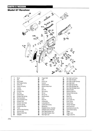 Model 67 Revolver A
Barrel
Bolt
Bolt Plunger
Bolt Plunger Spring
Center Pin
Center Pin Spring
Cylinder
Extractor
Extractor Pins
Gas Ring
Cylinder Stop
Cylinder Stop Spring
Grip Escutcheon
Grip Escutcheon Nut
Extractor Rod
Extractor Rod Collar
Extractor Spring
Cylinder Stop Stud
Frame
Hammer Nose Bushing
Hammer Stud
Rebound Slide Stud
Sideplate
Trigger Stud
Yoke
Frame Lug
Hammer
Hammer Nose
Hammer Nose Rivet
Sear
Sear Pin
Sear Spring
Stirrup
Stirrup Pin
Hammer Block
Hand
Hand Pin
Locking Bolt
Lockng Bolt Pin
Locking Bolt Spring
Mainspring
Sideplate Screws, Crowned
Sideplate Screw, Flat Head
Rear Sight Elevation Nut
Rear Sight Elevation Stud
Rear Sight Leaf
Rear Sight Leaf Screw
Rear Sight Plungers
Rear Sight Plunger Springs
Rear Sight Slide
Rear Sight Spring Clip
Rear Sight Windage Nut
Rear Sight Windage Screw
Rebound Slide
Rebound Slide Pin
Rebound Slide Spring
Left Grip
Right Grip
Grip Screw
Grip Locator Pin
Strain Screw
Thumb-Piece
Thumb-Piece Nut
Hand Spring Pin
Hand Spring Torsion Pin
Hand Torsion Spring
Trigger
Trigger Lever
Trigger Lever Pin
 