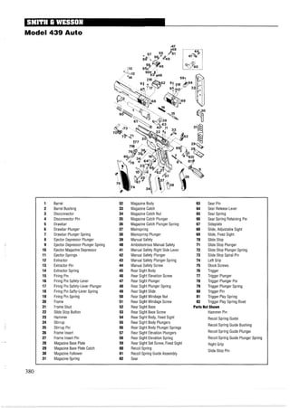Model 439 Auto
1 Barrel 32 Magazine Body 63 Sear Pin
2 Barrel Bushing 33 Magazine Catch 64 Sear Release Lever
3 Disconnector 34 Magazine Catch Nut 65 Sear Spring
4 Disconnector Pin 35 Magazine Catch Plunger 66 Sear Spring Retaining Pin
5 Drawbar 36 Magazine Catch Plunger Spring 67 Sideplate
6 Drawbar Plunger 37 Mainspring 68 Slide, Adjustable Sight
7 Drawbar Plunger Spring 38 Mainspring Plunger 69 Slide, Fixed Sight
8 Ejector Depressor Plunger 39 Manual Safety 70 Slide Stop
9 Ejector Depressor Plunger Spring 40 Ambidextrous Manual Safety 71 Slide Stop Plunger
10 Ejector Magazine Depressor 41 Manual Safety Right Side Lever 72 Slide Stop Plunger Spring
11 Ejector Springs 42 Manual Safety Plunger 73 Slide Stop Spiral Pin
12 Extractor 43 Manual Safety Plunger Spring 74 LeftGrip
13 Extractor Pin 44 Manual Safety Screw 75 Stock Screws
14 Extractor Spring 45 Rear Sight Body 76 Trigger
15 Firing Pin 46 Rear Sight Elevation Screw 77 Trigger Plunger
16 Firing Pin Safety-Lever 47 Rear Sight Plunger 78 Trigger Plunger Pin
17 Firing Pin Safety-Lever Plunger 48 Rear Sight Plunger Spring 79 Trigger Plunger Spring
18 Firing Pin Safty-Lever Spring 49 Rear Sight Slide 80 Trigger Pin
19 Firing Pin Spring 50 Rear Sight Windage Nut 81 Trigger Play Spring
20 Frame 51 Rear Sight Windage Screw 82 Trigger Play Spring Rivet
21 Frame Stud 52 Rear Sight Base Parts Not Shown
22 Slide Stop Button 53 Rear Sight Base Screw Hammer Pin
23 Hammer 54 Rear Sight Body, Fixed Sight Recoil Spring Guide
24 Stirrup 55 Rear Sight Body Plungers
25 Stirrup Pin
Recoil Spring Guide Bushing
56 Rear Sight Body Plunger Springs
26 Frame Insert 57 Rear Sight Elevation Plungers Recoil Spring Guide Plunger
27 Frame Insert Pin 58 Rear Sight Elevation Spring Recoil Spring Guide Plunger Spring
28 Magazine Base Plate 59 Rear Sight Set Screw, Fixed Sight Right Grip
29 Magazine Base Plate Catch 60 Recoil Spring Slide Stop Pin
30 Magazine Follower 61 Recoil Spring GuideAssembly
31 Magazine Spring 62 Sear
 