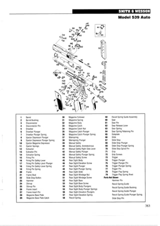 Model 539 Auto
1 Barrel 30 Magazine Follower 59 Recoil Spring Guide Assembly
2 Barrel Bushing 31 Magazine Spring 60 Sear
3 Disconnector 32 Magazine Body 61 Sear Pin
4 Disconnector Pin 33 Magazine Catch 62 Sear Release Lever
5 Drawbar 34 Magazine Catch Nut 63 Sear Spring
6 Drawbar Plunger 35 Magazine Catch Plunger 64 Sear Spring Retaining Pin
7 Drawbar Plunger Spring 36 Magazine Catch Plunger Spring 65 Sideplate
8 Ejector Depressor Plunger 37 Mainspring 66 Slide
9 Ejector Depressor Plunger Spring 38 Mainspring Plunger 67 Slide Stop
10 Ejector Magazine Depressor 39 Manual Safety 68 Slide Stop Plunger
11 Ejector Springs 40 Manual Safety,Ambidextrous 69 Slide Stop Plunger Spring
12 Extractor 41 Manual Safety Right Side Lever 70 Slide Stop Spiral Pin
13 Extractor Pin 42 Manual Safety Plunger 71 Grip
14 Extractor Spring 43 Manual Safety Plunger Spring 72 Grip Screws
15 Firing Pin 44 Manual Safety Screw 73 Trigger
16 Firing Pin Safety-Lever 45 Rear Sight Body 74 Trigger Plunger
17 Firing Pin Safety-Lever Plunger 46 Rear Sight Elevation Screw 75 Trigger Plunger Pin
18 Firing Pin Safety-Lever Spring 47 Rear Sight Plunger 76 Trigger Plunger Spring
19 Firing Pin Spring 48 Rear Sight Plunger Spring 77 Trigger Pin
20 Frame 49 Rear Sight Slide 78 Trigger Play Spring
21 Frame Stud 50 Rear Sight Windage Nut 79 Trigger Play Spring Rivet
22 Slide Stop Button 51 Rear Sight Windage Screw Parts Not Shown
23 Hammer 52 Rear Sight Base Hammer Pin
24 Stirrup 53 Rear Sight Base Screw Recoil Spring Guide
25 Stirrup Pin 54 Rear Sight Body Plungers Recoil Spring Guide Bushing
26 Frame Insert 55 Rear Sight Body Plunger Springs
27 Frame Insert Pin 56 Rear Sight Elevation Plungers Recoil Spring Guide Plunger
28 Magazine Base Plate 57 Rear Sight Elevation Spring Recoil Spring Guide Plunger Spring
29 Magazine Base Plate Catch 58 Recoil Spring Slide Stop Pin
 