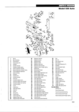 Model 559 Auto
Barrel 30 Magazine Follower 59 Sear
Barrel Bushing 31 Magazine Spring 60 Sear Pin
Disconnector 32 Magazine Body 61 Sear Release Lever
Disconnector Pin 33 Magazine Catch 62 Sear Spring
Drawbar 34 Magazine Catch Nut 63 Sear Spring Retaining Pin
Drawbar Plunger 35 Magazine Catch Plunger 64 Sideplate
Drawbar Plunger Spring 36 Magazine Catch Plunger Spring 65 Slide, Adjustable Sight
Ejector Depressor Plunger 37 Mainspring 66 Slide Stop
Ejector Depressor Plunger Spring 38 Mainspring Plunger 67 Slide Stop Plunger
Ejector Magazine Depressor 39 Manual Safety 68 Slide Stop Plunger Spring
Ejector Springs 40 Manual Safety Right Side Lever 69 Slide Stop Spiral Pin
Extractor 41 Manual Safety Plunger 70 LeftGrip
Extractor Pin 42 Manual Safety Plunger Spring 71 Grip Screws
Extractor Spring 43 Manual Safety Screw 72 Trigger
Firing Pin 44 Rear Sight Body 73 Trigger Plunger
Firing Pin Safety-Lever 45 Rear Sight Elevation Screw 74 Trigger Plunger Pin
Firing Pin Safety-Lever Plunger 46 Rear Sight Plunger 75 Trigger Plunger Spring
Firing Pin Safety-Lever Spring 47 Rear Sight Plunger Spring 76 Trigger Pin
Firing Pin Spring 48 Rear Sight Slide 77 Trigger Play Spring
Frame 49 Rear Sight Windage Nut 78 Trigger Play Spring Rivet
Frame Stud 50 Rear Sight Windage Screw Parts Not Shown
Slide Stop Button 51 Rear Sight Base Hammer Pin
Hammer 52 Rear Sight Base Screw Recoil Spring Guide
Stirrup 53 Rear Sight Body Plungers
Recoil Spring Guide Bushing
Stirrup Pin 54 Rear Sight Body Plunger Springs
Frame Insert 55 Rear Sight Elevation Plungers Recoil Spring Guide Plunger
27 Frame Insert Pin 56 Rear Sight Elevation Spring Recoil Spring Guide Plunger Spring
28 Magazine Base Plate 57 Recoil Spring
29 Magazine Base Plate Catch 58 Recoil Spring Guide Assembly
 