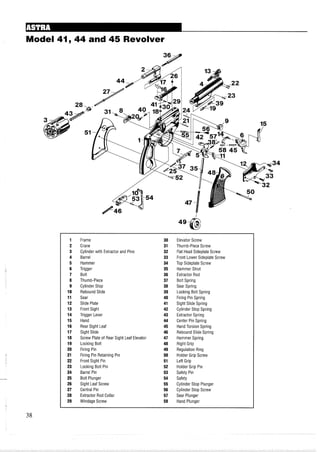 Model 41,44 and 45 Revolver
Frame
Crane
Cylinder with Extractor and Pins
Barrel
Hammer
Trigger
Bolt
Thumb-Piece
Cylinder Stop
Rebound Slide
Sear
Slide Plate
Front Sight
Trigger Lever
Hand
Rear Sight Leaf
Sight Slide
Screw Plate of Rear Sight Leaf Elevator
Locking Bolt
Firing Pin
Firing Pin Retaining Pin
Front Sight Pin
Locking Bolt Pin
Barrel Pin
Bolt Plunger
Sight Leaf Screw
Central Pin
Extractor Rod Collar
Windage Screw
Elevator Screw
Thumb-Piece Screw
Flat Head Sideplate Screw
Front Lower Sideplate Screw
Top Sideplate Screw
Hammer Strut
Extractor Rod
Bolt Spring
Sear Spring
Locking Bolt Spring
Firing Pin Spring
Sight Slide Spring
Cylinder Stop Spring
Extractor Spring
Center Pin Spring
Hand Torsion Spring
Rebound Slide Spring
Hammer Spring
Right Grip
Regulation Ring
Holder Grip Screw
Left Grip
Holder Grip Pin
Safety Pin
Safety
Cylinder Stop Plunger
Cylinder Stop Screw
Sear Plunger
Hand Plunger
 
