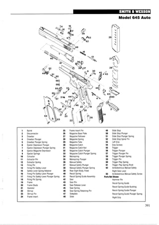 Model 645 Auto
1 Barrel 25 Frame Insert Pin 49 Slide Stop
2 Disconnector 26 Magazine Base Plate 50 Slide Stop Plunger
3 Drawbar 27 Magazine Follower 51 Slide Stop Plunger Spring
4 Drawbar Plunger 28 MagazineSpring 52 Slide Stop Spiral Pin
5 Drawbar Plunger Spring 29 MagazineTube 53 Left Grip
6 Ejector Depressor Plunger 30 Magazine Catch 54 Grip Screws
7 Ejector Depressor Plunger Spring 31 Magazine Catch Nut 55 Trigger
8 Ejector Magazine Depressor 32 Magazine Catch Plunger 56 Trigger Plunger
9 Ejector Springs 33 Magazine Catch Plunger Spring 57 Trigger Plunger Pin
10 Extractor 34 Mainspring 58 Trigger Plunger Spring
11 Extractor Pin 35 Mainspring Plunger 59 Trigger Pin
12 Extractor Spring 36 Manual Safety 60 Trigger Play Spring
13 Firing Pin 37 Manual Safety Plunger 61 Trigger Play Spring Rivet
14 Firing Pin Safety-Lever 38 Manual Safety Plunger Spring 62 Ambidextrous Manual Safety
15 Safety-Lever Spring Retainer 39 Rear Sight Body, Fixed Right Side Lever
16 Firing Pin Safety-Lever Plunger 40 Recoil Spring 63 Ambidextrous Manual Safety Screw
17 Firing Pin Safety-Lever Plunger Spring 41 Recoil Spring Guide Assembly Parts Not Shown
18 Firing Pin Spring 42 Sear Hammer Pin
19 Frame 43 Sear Pin Recoil Spring Guide
20 Frame Studs 44 Sear Release Lever
21 Hammer 45 Sear Spring
Recoil Spring Guide Bushing
22 Stirrup 46 Sear Spring Retaining Pin Recoil Spring Guide Plunger
23 Stirrup Pin 47 Sideplate Recoil Spring Guide Plunger Spring
24 Frame Insert 48 Slide Right Grip
 