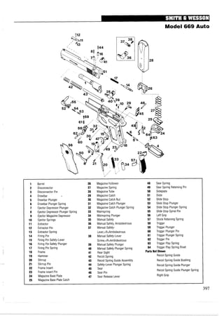 Model 669 Auto
1 Barrel 26 Magazine Follower 48 Sear Spring
2 Disconnector 27 Magazine Spring 49 Sear Spring Retaining Pin
3 Disconnector Pin 28 MagazineTube 50 Sideplate
4 Drawbar 29 MagazineCatch 51 Slide
5 Drawbar Plunger 30 Magazine Catch Nut 52 Slide Stop
6 Drawbar Plunger Spring 31 Magazine Catch Plunger 53 Slide Stop Plunger
7 Ejector Depressor Plunger 32 Magazine Catch Plunger Spring 54 Slide Stop Plunger Spring
8 Ejector Depressor Plunger Spring 33 Mainspring 55 Slide Stop Spiral Pin
9 Ejector Magazine Depressor 34 Mainspring Plunger 56 LeftGrip
10 Ejector Springs 35 Manual Safety 57 Stock Retaining Spring
11 Extractor 36 Manual Safety, Ambidextrous 58 Trigger
12 Extractor Pin 37 Manual Safety- 59 Trigger Plunger
13 Extractor Spring Lever,<R>Ambidextrous 60 Trigger Plunger Pin
14 Firing Pin 38 Manual Safety-Lever 61 Trigger Plunger Spring
15 Firing Pin Safety-Lever Screw,<R>Ambidextrous 62 Trigger Pin
16 Firing Pin Safety Plunger 39 Manual Safety Plunger 63 Trigger Play Spring
17 Firing Pin Spring 40 Manual Safety Plunger Spring 64 Trigger Play Spring Rivet
18 Frame 41 Rear Sight Parts Not Shown
19 Hammer 42 Recoil Spring Recoil Spring Guide
20 Stirrup 43 Recoil Spring Guide Assembly Recoil Spring Guide Bushing
21 Stirrup Pin 44 Safety-Lever Plunger Spring Recoil Spring Guide Plunger
22 Frame Insert 45 Sear
23 Frame Insert Pin
Recoil Spring Guide Plunger Spring
46 Sear Pin
24 Magazine Base Plate 47 Sear Release Lever Right Grip
25 Magazine Base Plate Catch
 