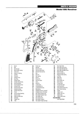 Model 686 Revolver
1 Barrel 26 Frame Lug 51 Rear Sight Slide
2 Bolt 27 Hammer 52 Rear Sight Spring Clip
3 Bolt Plunger 28 Hammer Nose 53 Rear Sight Windage Nut
4 Bolt Plunger Spring 29 Hammer Nose Rivet 54 Rear Sight Windage Screw
5 Center Pin 30 Hammer Nose Spring 55 Rebound Slide
6 Center Pin Spring 31 Sear 56 Rebound Slide Pin
7 Cylinder 32 Sear Pin 57 Rebound Slide Spring
8 Extractor 33 Sear Spring 58 Left Grip
9 Extractor Pins 34 Stirrup 59 Right Grip
10 Gas Ring 35 Stirrup Pin 60 Grip Screw
11 Cylinder Stop 36 Hammer Block 61 Grip Locator Pin
12 Cylinder Stop Spring 37 Hand 62 Strain Screw
13 Grip Escutcheon 38 Hand Pin 63 Thumb-Piece
14 Grip Escutcheon Nut 39 Locking Bolt 64 Thumb-Piece Nut
15 Extractor Rod 40 Locking Bolt Pin 65 Hand Spring Pin
16 Extractor Rod Collar 41 Locking Bolt Spring 66 Hand Spring Torsion Pin
17 Extractor Spring 42 Mainspring 67 HandTorsion Spring
18 Cylinder Stop Stud 43 Sideplate Screws, Crowned 68 Trigger
19 Frame 44 Sideplate Screw, Flat Head 69 Trigger Lever
20 Hammer Nose Bushing 45 Rear Sight Elevation Nut 70 Trigger Lever Pin
21 Hammer Stud 46 Rear Sight Elevation Stud 71 Trigger Stop
22 Rebound Slide Stud 47 Rear Sight Leaf 72 Trigger Stop Screw
23 Sideplate 48 Rear Sight Screw PartsNot Shown
24 Trigger Stud 49 Rear Sight Plungers Front Sight Blade
25 Yoke 50 Rear Sight Plunger Springs
 