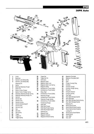 30PK Auto
1 Frame 25 Trigger Bar 44 Magazine Floorplate
2 Backstrap 26 Trigger Bar Pin 45 Magazine Floorplate Catch
3 Hammer Lock Sliding Way 27 lnterruptor 46 Barrel
4 Hammer Lock Sliding Way 28 Magazine Catch 47 Slide
Retaining Pin 29 Magazine Catch Lock 48 Plunger Housing Plug
5 Ejector 30 Magazine Catch Lock Spring 49 Extractor
6 Backstrap Retaining Plunger 31 Magazine Safety 50 Extractor Plunger
7 Ejector Pin 32 Ambidextrous Thumb Safety 51 Extractor Plunger Spring
8 Ejector Friction Plunger 33 Ambidextrous Thumb Safety 52 Firing Pin
9 Ejector Friction Plunger Spring Wing, Right 53 Firing Pin Retainer
10 Backstrap Retaining Plunger Spring 34 Ambidextrous Thumb Safety 54 Firing Pin Spring
11 Backstrap Retaining Plunger Pin Retaining Plunger 55 Rear Sight
12 Hammer 35 Ambidextrous Thumb Safety 56 Rear Sight Windage Spindle
13 Hammer Bar Retaining Plunger Spring 57 Rear Sight Base
14 Hammer Pins 36 Ambidextrous Thumb Safety 58 Rear Sight Windage Spindle Spring
15 Hammer Spring Positioning Plunger
59 Rear Sight Windage Spindle
16 Hammer Spring Support 37 Slide Stop Retaining Pin
17 Hammer Axis 38 Slide Stop Plunger 60 Recoil Spring Guide
18 Hammer Lock 39 Slide Stop Plunger Spring 61 Recoil Spring Guide Coupling
19 Sear 40 Slide Stop Plunger Elastic 62 Recoil Spring Guide Coupling
20 Sear Axis
Retaining Pin Locking Pin
21 Sear Spring
41 Magazine Tube 63 Recoil Spring Guide Washer
22 Trigger
42 Magazine Follower 64 Recoil Spring
23 Trigger Pin
43 Magazine Follower Spring 65 Grip, Right
24 Trigger Spring 66 Grip, Left
 