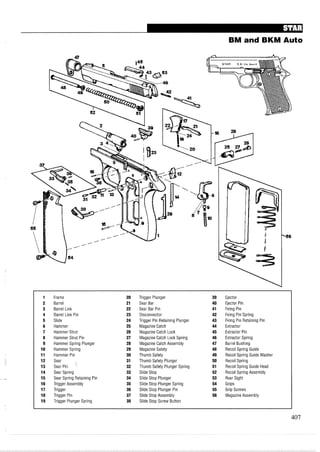 BM and BKM Auto
1 Frame 20 Trigger Plunger 39 Ejector
2 Barrel 21 Sear Bar 40 Ejector Pin
3 Barrel Link 22 Sear Bar Pin 41 Firing Pin
4 Barrel Link Pin 23 Disconnector 42 Firing Pin Spring
5 Slide 24 Trigger Pin Retaining Plunger 43 Firing Pin Retaining Pin
6 Hammer 25 Magazine Catch 44 Extractor
7 Hammer Strut 26 Magazine Catch Lock 45 Extractor Pin
8 Hammer Strut Pin 27 Magazine Catch Lock Spring 46 Extractor Spring
9 Hammer Spring Plunger 28 Magazine Catch Assembly 47 Barrel Bushing
10 Hammer Spring 29 Magazine Satety 48 Recoil Spring Guide
11 Hammer Pin 30 Thumb Safety 49 Recoil Spring Guide Washer
12 Sear 31 Thumb Safety Plunger 50 Recoil Spring
13 Sear Pin ' 32 Thumb Safety Plunger Spring 51 Recoil Spring Guide Head
14 Sear Spring 33 Slide Stop 52 Recoil Spring Assembly
15 Sear Spring Retaining Pin 34 Slide Stop Plunger 53 Rear Sight
16 Trigger Assembly 35 Slide Stop Plunger Spring 54 Grips
17 Trigger 36 Slide Stop Plunger Pin 55 Grip Screws
18 Trigger Pin 37 Slide Stop Assembly 56 Magazine Assembly
19 Trigger Plunger Spring 38 Slide Stop Screw Button
 