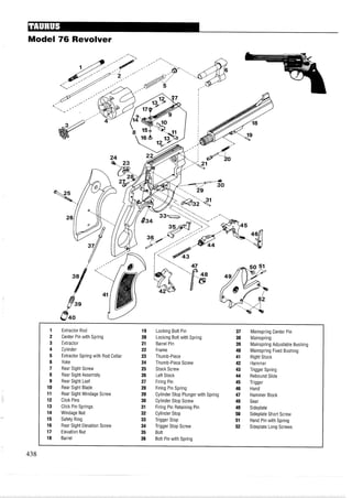 Model 76 Revolver
Extractor Rod
Center Pin with Spring
Extractor
Cylinder
Extractor Spring with Rod Collar
Yoke
Rear Sight Screw
Rear Sight Assembly
Rear Sight Leaf
Rear Sight Blade
Rear Sight Windage Screw
Click Pins
Click Pin Springs
Windage Nut
Safety Ring
Rear Sight Elevation Screw
Elevation Nut
Barrel
Locking Bolt Pin 37
Locking Bolt with Spring 38
Barrel Pin 39
Frame 40
Thumb-Piece 41
Thumb-Piece Screw 42
Stock Screw 43
Left Stock 44
Firing Pin 45
Firing Pin Spring 46
Cylinder Stop Plunger with Spring 47
Cylinder Stop Screw 48
Firing Pin Retaining Pin 49
Cylinder Stop 50
Trigger Stop 51
Trigger Stop Screw 52
Bolt
Bolt Pin with Spring
Mainspring Center Pin
Mainspring
Mainspring Adjustable Bushing
Mainspring Fixed Bushing
Right Stock
Hammer
Trigger Spring
Rebound Slide
Trigger
Hand
Hammer Block
Gear
Sideplate
Sideplate Short Screw
Hand Pin with Spring
Sideplate Long Screws
 