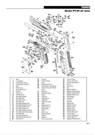 Model PT-99 AF Auto
Barrel
Locking Block
Locking Block Plunger
Locking Block Plunger Pin
Slide
Recoil Spring
Recoil Spring Guide
Extractor
Extractor Pin
Extractor Spring
Rear Sight Complete
Rear Sight Blade
Rear Sight Spring
Rear Sight Leaf
Rear Sight Windage Screw
Rear Sight Windage Screw Pin
Rear Sight Elevation Screw
Rear Sight Elevation Pin
Rear Sight Elevation Pin Spring
Rear Sight Leaf Elevation Spring
Rear Sight Ring
Rear Sight Windage Pin
Rear Sight Spring Limiting Pin
Rear Sight Pin
Firing Pin
Firing Pin Spring
Frame
Disassembling Latch
Disassembling Latch Release
Disassembling Latch Release
Spring
Slide Catch
Slide Catch Spring
Trigger
Trigger Pin
Trigger Spring
Trigger Bar
Trigger Bar Spring
Safety
Safety Elastic Pin
Safety Spring Pin
Safety Spring
Ejector
Ejector Pins
Hammer Bushing
Hammer
Safety Pin
Hammer Spring Strut
Hammer Spring
Hammer Strut Guide
Hammer Strut Guide Pin
Sear Pin
Sear Spring
Sear
Magazine Release
Magazine Release Spring
Magazine Release Button
Magazine Release Case
Grip Bushings
Grip Screws
Left Grip
Right Grip
Magazine Box
Magazine Follower
Magazine Spring
Magazine Plate
Magazine Bottom
Firing Pin Block Lever
Firing Pin Block
Firing Pin Block Spring
Firing Pin Block Pin
Magazine Release Case Pin
 