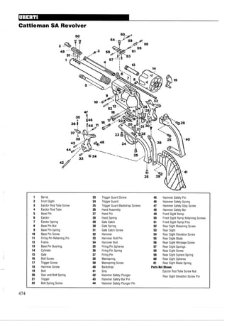 Cattleman SA Revolver
1 Barrel 23 Trigger Guard Screw 45 Hammer Safety Pin
2 Front Sight 24 Trigger Guard 46 Hammer Safety Spring
3 Ejector Rod Tube Screw 25 Trigger Guard Backstrap Screws 47 Hammer Safety Stop Screw
4 Ejector Rod Tube 26 Hand Assembly 48 Hammer Safety Bar
5 Base Pin 27 Hand Pin 49 Front Sight Ramp
6 Ejector 28 Hand Spring 50 Front Sight Ramp Retaining Screws
7 Ejector Spring 29 Gate Catch 51 Front Sight Ramp Pins
8 Base Pin Nut 30 Gate Spring 52 Rear Sight Retaining Screw
9 Base Pin Spring 31 Gate Catch Screw 53 Rear Sight
10 Base Pin Screw 32 Hammer 54 Rear Sight Elevation Screw
11 Firing Pin Retaining Pin 33 Hammer Roll Pin 55 Rear Sight Blade
12 Frame 34 Hammer Roll 56 Rear Sight Windage Screw
13 Base Pin Bushing 35 Firing Pin Spheres 57 Rear Sight Springs
14 Cylinder 36 Firing Pin Spring 58 Rear Sight Screw
15 Gate 37 Firing Pin 59 Rear Sight Sphere Spring
16 Bolt Screw 38 Mainspring 60 Rear Sight Spheres
17 Trigger Screw 39 Mainspring Screw 61 Rear Sight Blade Spring
18 Hammer Screw 40 Backstrap PartsNot Shown
19 Bolt 41 Grip Ejector Rod Tube Screw Nut
20 Sear and Bolt Spring 42 Hammer Safety Plunger Rear Sight Elevation Screw Pin
21 Trigger 43 Hammer Safety Bar Pin
22 Bolt Spring Screw 44 Hammer Safety Plunger Pin
 