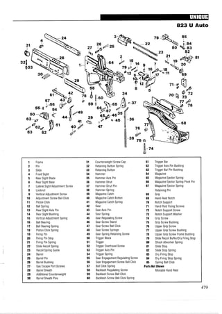 823 U Auto
1 Frame 31 Counterweight Screw Cap 61 Trigger Bar
2 Pin 32 Retaining Button Spring 62 Trigger Axis Pin Bushing
3 Slide 33 Retaining Button 63 Trigger Bar Pin Bushing
4 Front Sight 34 Hammer 64 Magazine
5 Rear Sight Blade 35 Hammer Axis Pin 65 Magazine Ejector Spring
6 Rear Sight Base 36 Hammer Strut 66 Magazine Ejector Spring Pivot Pin
7 Lateral Sight Adjustment Screw 37 Hammer Strut Pin 67 Magazine Ejector Spring
8 Locknut 38 Hammer Spring Retaining Pin
9 Vertical Adjustment Screw 39 Magazine Catch 68 Grip
10 Adjustment Screw Ball Click 40 Magazine Catch Button 69 Hand Rest Notch
11 Piston Click 41 Magazine Catch Spring 70 Notch Support
12 Ball Spring 42 Sear 71 Hand Rest Fixing Screws
13 Rear Sight Axis Pin 43 Sear Axis Pin 72 Notch Support Screw
14 Rear Sight Bushing 44 Sear Spring 73 Notch Support Washer
15 Vertical Adjustment Spring 45 Sear Regulating Screw 74 Grip Screw
16 Ball Bearing 46 Sear Screw Stand 75 Grip Screw Bushing
17 Ball Bearing Spring 47 Sear Screw Ball Click 76 Upper Grip Screw
18 Piston Click Spring 48 Sear Screw Springs 77 Upper Grip Screw Bushing
19 Firing Pin 49 Sear Spring Retaining Screw 78 Upper Grip Screw Frame Bushing
20 Firing Pin Stop 50 Trigger Block 79 Slide Recoil BufferIDry Firing Stop
21 Firing Pin Spring 51 Trigger 80 Shock Absorber Spring
22 Slide Recoil Spring 52 Trigger Overtravel Screw 81 Slide Stop
23 Recoil Spring Guide 53 Trigger Axis Pin 82 Slide Stop Spring
24 Barrel 54 Trigger Spring 83 Dry Firing Stop
25 Barrel Pin 55 Sear Engagement Regulating Screw 84 Dry Firing Stop Spring
26 Barrel Bushing 56 Sear Engagement Screw Ball Click 85 Spring Ball Click
27 Gas Escape Port Screws 57 Ball Click Spring Parts Not Shown
28 Barrel Sheath 58 Backlash Regulating Screw Movable Hand Rest
29 Additional Counterweight 59 Backlash Screw Ball Click
30 Barrel Sheath Pins 60 Backlash Screw Ball Click Spring
 