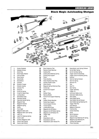 Black Magic Autoloading Shotgun
1 Rubber Buttplate 33 Stock FasteningTube 63 Breechblock Latch Spring Follower
2 Buttplate Screws 34 Receiver Stock Absorber 64 Carrier Main Spring
3 Stock Plug 35 Cocking Rod 65 Carrier Auxiliary Spring
4 Stock Elastic Washer 36 Cocking Rod Retaining Spring 66 Trigger Guard Pin Bushings
5 Internal Buffer 37 Cocking Rod Support 67 Trigger Guard Pin Bushing Spring
6 Stock Swivel 38 Piston 68 Hammer
7 Stock Buffer 39 Piston Bushing 69 Hammer Spring Follower
8 Breechblock 40 Piston Bushing Snap Ring 70 Hammer Spring
9 Extractor 41 Cylinder Rubber Guide 71 Hammer Pin
10 Extractor Plunger 42 Action Spring 72 Sear
11 Extractor Spring 43 Magazine Spring Retaining Ring 73 Sear Pin
12 Extractor Pin 44 Forend Cap 74 Sear Spring
13 Firing Pin 45 Forend Front Support 75 Trigger Assembly
14 Firing Pin Spring 46 Key 76 Trigger Pin
15 Firing Pin Elastic Stop 47 Rubber Rings 77 Automatic Safety-Lever
16 Locking Block 48 Bearing Washer 78 Automatic Safety Spring
17 Breechblock Slide 49 Forend Front Support Retaining 79 Hand Safety
18 Operating Handle Ring 80 Hand Safety Spring
19 Operating Handle Spring 50 Support Shock Absorber 81 Hand Safety Spring Follower
20 MagazineTube 51 Forend Rear Support 82 Hand Safety Spring Retaining Pin
21 Magazine Follower 52 Forend Support Screws 83 Trigger Plate Pins
22 Magazine Spring 53 Forend Dowels 84 plug Reducer
23 Ejector 54 Locking Block Shoe 85 Magazine Extension
24 Front Sight 55 Magazine Cut-Off Button 86 Franchok Key
25 Magazine Shell Latch 56 Magazine Cut-Off Button Spring 87 ForendAssembly
26 MagazineShell Latch Spring 57 Magazine Cut-Off Button Pin 88 Stock
27 Latch Pin 58 Trigger Plate 89 Barrel Extension
28 Latch Pin Retaining Spring 59 Carrier 90 Internal Choke
29 Carrier Latch 60 Breechblock Latch 91 Magazine Cap Retaining Pin Spring
30 Auxiliary Magazine Latch 61 Breechblock Latch Pin 92 Magazine Cap Retaining Pin
31 Carrier Latch Spring 62 Breechblock Latch Internal Pin 93 Cocking Rod Support
32 Carrier Latch Button 94 Piston Assembly
 