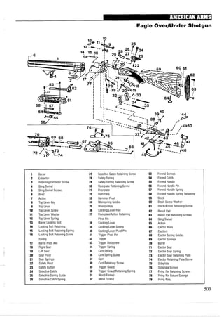 Eagle OverIUnder Shotgun
1 Barrel 27 Selective Catch Retaining Screw 53 Forend Screws
2 Extractor 28 Safety Spring 54 Forend Catch
3 Retaining Extractor Screw 29 Safety Spring Retaining Screw 55 Forend Handle
4 Sling Swivel 30 Floorplate Retaining Screw 56 Forend Handle Pin
5 Sling Swivel Screws 31 Floorplate 57 Forend Handle Spring
6 Bead 32 Hammers 58 Forend Handle Spring Retaining
7 Action 33 Hammer Pivot 59 Stock
8 Top Lever Key 34 Mainspring Guides 60 Stock Screw Washer
9 Top Lever 35 Mainsprings 61 StockIAction Retaining Screw
10 Top Lever Screw 36 Cocking Lever Rod 62 Recoil Pad
11 Top Lever Washer 37 Floorplate/Action Retaining 63 Recoil Pad Retaining Screws
12 Top Lever Spring Pivot Pin 64 Sling Swivel
13 Barrel Locking Bolt 38 Cocking Lever 65 Action
14 Locking Bolt Retaining 39 Cocking Lever Spring 66 Ejector Rods
15 Locking Bolt Retaining Spring 40 Cocking Lever Pivot Pin 67 Ejectors
16 Locking Bolt Retaining Guide 41 Trigger Pivot Pin 68 Ejector Spring Guides
Spring 42 Trigger 69 Ejector Springs
17 Barrel Pivot Axe 43 Trigger Buttscrew 70 Barrel
18 Right Sear 44 Trigger Spring 71 Ejector Sear
19 Left Sear 45 Cam Spring 72 Ejector Sear Spring
20 Sear Pivot 46 Cam Spring Guide 73 Ejector Sear Retaining Plate
21 Sear Springs 47 Cam 74 Ejector Retaining Plate Screw
22 Safety Pivot 48 Cam Retaining Screw 75 Sideplate
23 Safety Button 49 Trigger Guard 76 Sideplate Screws
24 Selective Catch 50 Trigger Guard Retaining Spring 77 Firing Pin Retaining Screws
25 Selective Spring Guide 51 Wood Forend 78 Firing Pin Return Springs
26 Selective Catch Spring 52 Metal Forend 79 Firing Pins
 