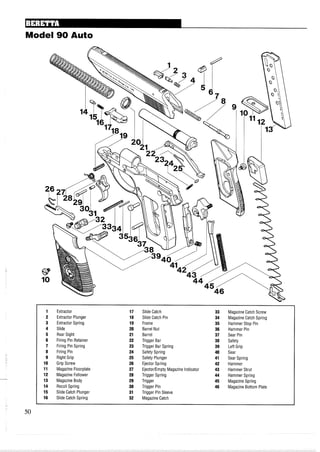 Model 90 Auto
1 Extractor 17 Slide Catch 33 Magazine Catch Screw
2 Extractor Plunger 18 Slide Catch Pin 34 Magazine Catch Spring
3 Extractor Spring 19 Frame 35 Hammer Stop Pin
4 Slide 20 Barrel Nut 36 Hammer Pin
5 Rear Sight 21 Barrel 37 Sear Pin
6 Firing Pin Retainer 22 Trigger Bar 38 Safety
7 Firing Pin Spring 23 Trigger Bar Spring 39 Left Grip
8 Firing Pin 24 Safety Spring 40 Sear
9 Right Grip 25 Safety Plunger 41 Sear Spring
10 Grip Screw 26 Ejector Spring 42 Hammer
11 Magazine Floorplate 27 EjectorIEmpty Magazine Indicator 43 Hammer Strut
12 Magazine Follower 28 Trigger Spring 44 Hammer Spring
13 Magazine Body 29 Trigger 45 Magazine Spring
14 Recoil Spring 30 Trigger Pin 46 Magazine Bottom Plate
15 Slide Catch Plunger 31 Trigger Pin Sleeve
16 Slide Catch Spring 32 MagazineCatch
 