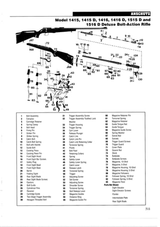 Model 1415,1415 D, 1416,1416 D, 1515 D and
1516 D Deluxe Bolt-Action Rifle
Bolt Assembly
Extractor
Cartridge Retainer
Spring Clamp
Bolt Head
Firing Pin
Striker Pin
Striker Spring
Catch Bolt
Catch Bolt Spring
Bolt with Handle
Guide Bolt
Cocking Piece
Cocking Piece Pin
Front Sight Hood
Front Sight Bar Screws
Safety Plug
Front Sight Bead
Front Sight Base
Barrel
Folding Sight
Rear Sight Blade
Rear Sight Blade Screws
Ejectors
Bolt Guide
Cylindrical Pins
Receiver
Cartridge Guide
Two-StageTrigger Assembly
Hexagon Threaded Bolt
Trigger Assembly Screw
Trigger Assembly Toothed Lock
Washer
Trigger Housing
Trigger Spring
Cam Lever
Release Plunger
Catch Link
Catch Link Pin
Catch Link Retaining Collar
Torsional Spring
Pivots
Bolt Pawl
Retaining Collars
Spring
Safety-Lever
Safety-Lever Spring
Catch Lever
Release Latch
Torsional Spring
Trigger
Adjusting Screw
Set-Screw
Adjusting Screw
Shoulder Screw
Torsional Spring
Bolt Release Lever
Magazine Guides
Distance Ring
Magazine Guide Pin
60 Magazine Retainer Pin
61 Torsional Spring
62 Magazine Retainer
63 Guide Tongue Nut
64 Guide Tongue
65 MagazineGuide Screw
66 Spring Washer
67 Swivel Nut
68 Swivels
69 Trigger Guard Screws
70 Trigger Guard
71 Cover Plate
72 Square Nut
73 Stock
74 Buttplate
75 Buttplate Screws
76 Magazine, I0-Shot
77 Magazine,5-Shot
78 Magazine Housing, 10-Shot
79 Magazine Housing, 5-Shot
80 Magazine Followers
81 Follower Spring, 10-Shot
82 Follower Spring, 5-Shot
83 Magazine Floor
Parts Not Shown
Sight Elevator
Sight Elevator Screws
Pointer
Intermediate Plate
Rear Sight Blade
 