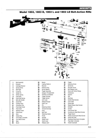 Model 1803, 1803 D, 1803 L and 1803 LD Bolt-Action Rifle
1 Bolt Assembly 25 Ejector 49 Trigger
2 Extractor 26 Loading Platform 50 Adjusting Screw
3 Cartridge Retainer 27 Receiver 51 Set-Screw
4 Spring Clamp 28 Distance Ring 52 Shoulder Screw
5 Bolt Head 29 Spring Washer 53 Bolt Release Lever
6 Firing Pin 30 Trigger Assembly 54 Stock with Partial Fittings
7 Striker Pin 31 Hexagon Threaded Bolt 55 Cheekpiece
8 Striker Spring 32 Toothed Lock Washer 56 Spacers
9 Catch Bolt 33 Trigger Housing 57 Bolt
10 Catch Bolt Spring 34 Trigger Spring 58 Bushings
11 Bolt with Handle 35 Cam Lever 59 Socket-Head Screws
12 Guide Bolt 36 Release Plunger 60 Cover Plate
13 Cocking Piece 37 Catch Link 61 Guide Plate
14 Cylindrical Pins 38 Pin 62 Raised Cheese Head Screws
15 Front Sight Hood 39 Retaining Collars 63 Buttplate
16 Post Insert 40 Torsional Springs 64 Screws
17 Aperture Insert 41 Pivot 65 Front Swivel Rail
18 Hook Screw 42 Bolt Pawl 66 Countersunk Head Wood Screws
19 Nuts 43 Retaining Collars 67 Trigger Guard
20 Clamp Ring 44 Pivots 68 Raised Countersunk Wood Screw
21 Front Sight, Complete 45 Springs 69 Swivel Rail Filler
22 Pan Head Screws 46 Safety-Lever 70 Handstop Sling Swivel Complete
23 Base 47 Catch-Lever 71 Peep Sight, Complete
24 Barrel 48 Release Latch 72 Rubber Eyeshade
 