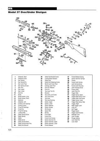Model 37 OverIUnder Shotgun
1 Sideplate, Right 29 Safety Rod Bracket Screw 57 Forend Release Spring
2 Sideplate Screw 30 Locking Block Actuator 58 Ejector Hammer Springs
3 Sear Spring 31 Safety Rod 59 Forend
4 Sear Spring Pin 32 Safety Rod Retaining Screw 60 Forend Latch Spring
5 Sear Lever Trips 33 Barrel Lock Cross Piece 61 Latch Spring Screw
6 Sear Spring Screws 34 Cocking Lever Pivot 62 Forend Latch Housing
7 Sear Pins 35 Pivot Pin Retainer 63 Latch Housing Screw
8 Sear, Upper 36 Pivot Pin 64 Forend Latch
9 Sear, Lower 37 Top Lever Trip Pin 65 Latch Pivot Pin
10 Hammer 38 Receiver 66 Trigger Plate
11 Bridle 39 Top Lever Lock Screw 67 Trigger Screw, Upper
12 Bridle Screws, Long 40 Top Lever Screw 68 Trigger Plate Screw, Front
13 Bridle Screws, Short 41 Top Lever 69 Trigger Plate Lock Screw
14 Buttstock 42 Top Lever Bushing 70 Trigger Screw, Lower
15 Sideplate, Left 43 Ejector, Upper 71 Trigger Plate Screw, Rear
16 Cocking Lever Springs 44 Ejector, Lower 72 Trigger, Right
17 Cocking Levers 45 Ejector Retainer 73 Right Trigger Lever
18 Firing Pin Bushings 46 Ejector Screws 74 Lever Pin
19 Firing Pins 47 Rib Screws 75 Left Trigger
20 Firing Pin Spring 48 Spacer Rib 76 Trigger Guard
21 Locking Plate 49 Barrels 77 Trigger Guard Screws
22 Safety Spring Screw 50 Front Sight 78 Sideplate Lever
23 Safety Spring 51 Forend Iron 79 Lever Plunger
24 Safety 52 Forend Iron Screws 80 Plunger Spring
25 Safety Screw 53 Ejector Hammer Pin 81 Lever Shaft Pin
26 Safety Thumb-Piece 54 Ejector Hammer, Upper 82 Lever Shaft
27 Safety Thumb-Piece Pins 55 Ejector Hammer, Lower
28 Safety Rod Bracket 56 Forend Release
 