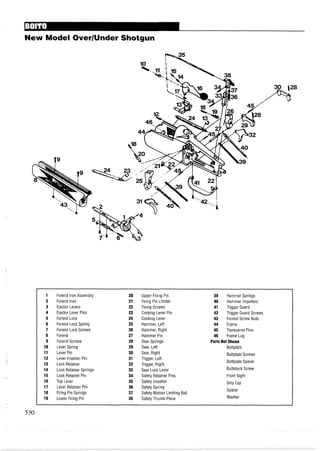 New Model OverIUnder Shotgun
1 Forend Iron Assembly 20 Upper Firing Pin 39 Hammer Springs
2 Forend Iron 21 Firing Pin Limiter 40 Hammer Impellers
3 Ejector Levers 22 Fixing Screws 41 Trigger Guard
4 Ejector Lever Pins 23 Cocking Lever Pin 42 Trigger Guard Screws
5 Forend Lock 24 Cocking Lever 43 Forend Screw Nuts
6 Forend Lock Spring 25 Hammer, Left 44 Frame
7 Forend Lock Screws 26 Hammer, Right 45 Transverse Pins
8 Forend 27 Hammer Pin 46 Frame Lug
9 Forend Screws 28 Sear Springs Parts Not Shown
10 Lever Spring 29 Sear, Left Buttplate
11 Lever Pin 30 Sear, Right Buttplate Screws
12 Lever Impeller Pin 31 Trigger, Left
13 Lock Retainer 32 Trigger, Right
Buttplate Spacer
14 Lock Retainer Springs 33 Sear Lock Lever Buttstock Screw
15 Lock Retainer Pin 34 Safety Retainer Pins Front Sight
16 Top Lever 35 Safety Impeller Grip Cap
17 Lever Retainer Pin 36 Safety Spring
18 Firing Pin Springs 37 Safety Motion Limiting Ball
Spacer
19 Lower Firing Pin 38 Safety Thumb-Piece Washer
 