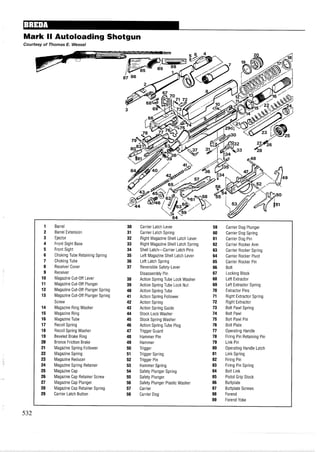 Mark II Autoloading Shotgun
Courtesy of Thomas E. Wessel
Barrel
Barrel Extension
Ejector
Front Sight Base
Front Sight
Choking Tube Retaining Spring
Choking Tube
Receiver Cover
Receiver
Magazine Cut-Off Lever
Magazine Cut-Off Plunger
Magazine Cut-Off Plunger Spring
Magazine Cut-Off Plunger Spring
Screw
Magazine Ring Washer
Magazine Ring
Magazine Tube
Recoil Spring
Recoil Spring Washer
Beveled Brake Ring
Bronze Friction Brake
Magazine Spring Follower
Magazine Spring
Magazine Reducer
Magazine Spring Retainer
Magazine Cap
Magazine Cap Retainer Screw
Magazine Cap Plunger
Magazine Cap Retainer Spring
Carrier Latch Button
Carrier Latch Lever
Carrier Latch Spring
Right Magazine Shell Latch Lever
Right Magazine Shell Latch Spring
Shell Latch-Carrier Latch Pins
Left Magazine Shell Latch Lever
Left Latch Spring
Reversible Safety-Lever
Disassembly Pin
Action Spring Tube Lock Washer
Action Spring Tube Lock Nut
Action Spring Tube
Action Spring Follower
Action Spring
Action Spring Guide
Stock Lock Washer
Stock Spring Washer
Action Spring Tube Plug
Trigger Guard
Hammer Pin
Hammer
Trigger
Trigger Spring
Trigger Pin
Hammer Spring
Safety Plunger Spring
Safety Plunger
Safety Plunger Plastic Washer
Carrier
Carrier Dog
Carrier Dog Plunger
Carrier Dog Spring
Carrier Dog Pin
Carrier Rocker Arm
Carrier Rocker Spring
Carrier Rocker Pivot
Carrier Rocker Pin
Bolt
Locking Block
Left Extractor
Left Extractor Spring
Extractor Pins
Right Extractor Spring
Right Extractor
Bolt Pawl Spring
Bolt Pawl
Bolt Pawl Pin
Bolt Plate
Operating Handle
Firing Pin Retaining Pin
Link Pin
Operating Handle Latch
Link Spring
Firing Pin
Firing Pin Spring
Bolt Link
Pistol Grip Stock
Buttplate
Buttplate Screws
Forend
Forend Yoke
 