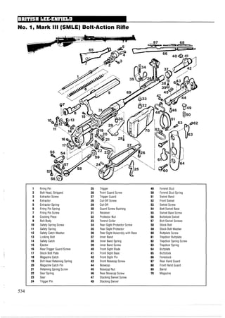 No. I,Mark Ill (SMLE) BoltmAction Rifle
1 Firing Pin 25 Trigger 49 Forend Stud
2 Bolt Head, Stripped 26 Front Guard Screw 50 Forend Stud Spring
3 Extractor Screw 27 Trigger Guard 51 Swivel Band
4 Extractor 28 Cut-Off Screw 52 Front Swivel
5 Extractor Spring 29 Cut-Off 53 Swivel Screw
6 Firing Pin Spring 30 Guard Screw Bushing 54 Butt Swivel Base
7 Firing Pin Screw 31 Receiver 55 Swivel Base Screw
8 Cocking Piece 32 Protector Nut 56 Buttstock Swivel
9 Bolt Body 33 Forend Collar 57 Butt Swivel Screws
10 Safety Spring Screw 34 Rear Sight Protector Screw 58 Stock Bolt
11 Safety Spring 35 Rear Sight Protector 59 Stock Bolt Washer
12 Safety Catch Washer 36 Rear Sight Assembly with Base 60 Buttplate Screw
13 Locking Bolt 37 Inner Band 61 Trapdoor Buttplate
14 Safety Catch 38 Inner Band Spring 62 Trapdoor Spring Screw
15 Ejector 39 Inner Band Screw 63 Trapdoor Spring
16 Rear Trigger Guard Screw 40 Front Sight Blade 64 Buttplate
17 Stock Bolt Plate 41 Front Sight Base 65 Buttstock
18 Magazine Catch 42 Front Sight Pin 66 Forestock
19 Bolt Head Retaining Spring 43 Front Nosecap Screw 67 Rear Hand Guard
20 Magazine Catch Pin 44 Nosecap 68 Front Hand Guard
21 Retaining Spring Screw 45 Nosecap Nut 69 Barrel
22 Sear Spring 46 Rear Nosecap Screw 70 Magazine
23 Sear 47 Stacking Swivel Screw
24 Trigger Pin 48 Stacking Swivel
 
