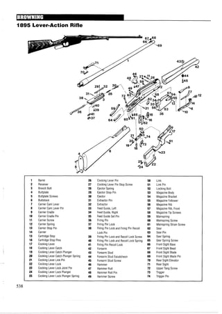 1895 Lever-Action Rifle
Barrel
Receiver
Breech Bolt
Buttplate
Buttplate Screws
Buttstock
Carrier Cam Lever
Carrier Cam Lever Pin
Carrier Cradle
Carrier Cradle Pin
Carrier Screw
Carrier Spring
Carrier Stop Pin
Carrier
Cartridge Stop
Cartridge Stop Pins
Cocking Lever
Cocking Lever Catch
Cocking Lever Catch Plunger
Cocking Lever Catch Plunger Spring
Cocking Lever Link Pin
Cocking Lever Lock
Cocking Lever Lock Joint Pin
Cocking Lever Lock Plunger
Cocking Lever Lock Plunger Spring
Cocking Lever Pin
Cocking Lever Pin Stop Screw
Ejector Spring
Ejector Stop Pin
Ejector
Extractor Pin
Extractor
Feed Guide, Left
Feed Guide, Right
Feed Guide Set Pin
Firing Pin
Firing Pin Lock
Firing Pin Lock and Firing Pin Recoil
Lock Pin
Firing Pin Lock and Recoil Lock Screw
Firing Pin Lock and Recoil Lock Spring
Firing Pin Recoil Lock
Forearm
Forearm Stud
Forearm Stud Escutcheon
Forearm Stud Screw
Hammer
Hammer Roll
Hammer Roll Pin
Hammer Screw
Link
Link Pin
Locking Bolt
Magazine Body
Magazine Bracket
Magazine Follower
Magazine Rib
Magazine Rib, Front
MagazineTip Screws
Mainspring
Mainspring Screw
Mainspring Strain Screw
Sear
Sear Pin
Sear Spring
Sear Spring Screw
Front Sight Base
Front Sight Bead
Front Sight Blade
Front Sight Blade Pin
Rear Sight Elevator
Rear Sight
Upper Tang Screw
Trigger
Trigger Pin
 