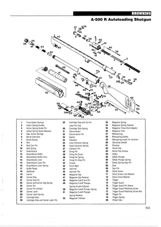 A-500 R Autoloading Shotgun
1 Front Action Springs 29 Cartridge Stop and Carrier 53 Magazine Spring
2 Action Spring Guides Latch Pin Clip 54 Magazine Spring Retainer
3 Action Spring Guide Pin 30 Cartridge Stop Spring 55 Magazine Three-Shot Adaptor
4 Action Spring Guide Washers 31 Disconnector 56 Magazine Tube
5 Rear Action Springs 32 Disconnector Pin 57 Mainsprings
6 Barrel Extension 33 Ejector 58 Mainspring Guides
7 Barrel Spring 34 Extractor 59 Mainspring Guide Pin Hammer
8 Bolt 35 Inner Extractor Spring 60 Operating Handle
9 Bolt Cam Pin 36 Outer Extractor Spring 61 Receiver
10 Bolt Spring 37 Extractor Pin 62 Recoil Pad
11 Breechblock 38 Firing Pin 63 Recoil Pad Screws
12 Breechblock Buffer 39 Firing Pin Cover 64 Safety
13 Breechblock Buffer Core 40 Firing Pin Spring 65 Safety Plunger
14 Breechblock Lever 41 Firing Pin Stop Pin 66 Safety Plunger Spring
15 Breechblock Lever Pin 42 Forend 67 Safety Spring Stop Pin
16 Breechblock Lever Spring 43 Front Sight 68 Sear
17 Buffer Rings 44 Hammer 69 Sear Pin
18 Buttstock 45 Hammer Pin 70 Stock Screw
19 Carrier 46 Magazine Cap 71 Stock Screw Lock Washer
20 Carrier Dog 47 Magazine Cap Retainer 72 Stock Screw Washer
21 Carrier Dog Pin 48 Magazine Cutoff and Pin 73 Trigger
22 Carrier and Carrier Dog Spring 49 Magazine Cutoff Plunger, 74 Trigger Guard
23 Carrier Pin SpringcR>and Retainer 75 Trigger Guard Pin Sleeve
24 Carrier Pin Circlips 50 Magazine Cutoff Plunger Spring 76 Trigger Guard Retaining Screw
25 Carrier Latch 51 Magazine Cutoff Plunger 77 Trigger Guard Retaining Screw Nut
26 Carrier Latch Spring Spring Retainer 78 Trigger Pin
27 Cartridge Stop 52 Magazine Follower 79 Trigger Spring
28 Cartridge Stop and Carrier Latch Pin 80 ChokeTube
 