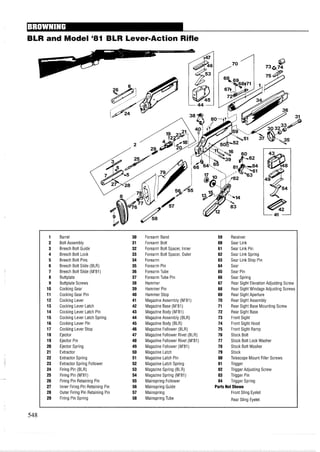 BLR and Model '81 BLR Lever-Action Rifle
1 Barrel 30 Forearm Band 59 Receiver
2 Bolt Assembly 31 Forearm Bolt 60 Sear Link
3 Breech Bolt Guide 32 Forearm Bolt Spacer, Inner 61 Sear Link Pin
4 Breech Bolt Lock 33 Forearm Bolt Spacer, Outer 62 Sear Link Spring
5 Breech Bolt Pins 34 Forearm 63 Sear Link Stop Pin
6 Breech Bolt Slide (BLR) 35 Forearm Pin 64 Sear
7 Breech Bolt Slide (M'81) 36 Forearm Tube 65 Sear Pin
8 Buttplate 37 Forearm Tube Pin 66 Sear Spring
9 Buttplate Screws 38 Hammer 67 Rear Sight Elevation Adjusting Screw
10 Cocking Gear 39 Hammer Pin 68 Rear Sight Windage Adjusting Screws
11 Cocking Gear Pin 40 Hammer Stop 69 Rear Sight Aperture
12 Cocking Lever 41 Magazine Assembly (M'81) 70 Rear Sight Assembly
13 Cocking Lever Latch 42 Magazine Base (M'81) 71 Rear Sight Base Mounting Screw
14 Cocking Lever Latch Pin 43 Magazine Body (M'81) 72 Rear Sight Base
15 Cocking Lever Latch Spring 44 MagazineAssembly (BLR) 73 Front Sight
16 Cocking Lever Pin 45 Magazine Body (BLR) 74 Front Sight Hood
17 Cocking Lever Stop 46 Magazine Follower (BLR) 75 Front Sight Ramp
18 Ejector 47 Magazine Follower Rivet (BLR) 76 Stock Bolt
19 Ejector Pin 48 Magazine Follower Rivet (M'81) 77 Stock Bolt Lock Washer
20 Ejector Spring 49 Magazine Follower (M'81) 78 Stock Bolt Washer
21 Extractor 50 Magazine Latch 79 Stock
22 Extractor Spring 51 Magazine Latch Pin 80 Telescope Mount Filler Screws
23 Extractor Spring Follower 52 Magazine Latch Spring 81 Trigger
24 Firing Pin (BLR) 53 Magazine Spring (BLR) 82 Trigger Adjusting Screw
25 Firing Pin (M'81) 54 Magazine Spring (M'81) 83 Trigger Pin
26 Firing Pin Retaining Pin 55 Mainspring Follower 84 Trigger Spring
27 Inner Firing Pin Retaining Pin 56 Mainspring Guide Parts Not Shown
28 Outer Firing Pin Retaining Pin 57 Mainspring Front Sling Eyelet
29 Firing Pin Spring 58 Mainspring Tube Rear Sling Eyelet
 