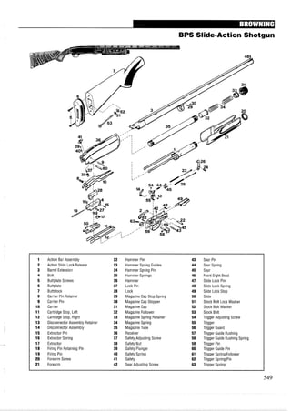 BPS SlidemAction Shotgun
1 Action Bar Assembly 22 Hammer Pin 43 Sear Pin
2 Action Slide Lock Release 23 Hammer Spring Guides 44 Sear Spring
3 Barrel Extension 24 Hammer Spring Pin 45 Sear
4 Bolt 25 Hammer Springs 46 Front Sight Bead
5 Buttplate Screws 26 Hammer 47 Slide Lock Pin
6 Buttplate 27 Lock Pin 48 Slide Lock Spring
7 Buttstock 28 Lock 49 Slide Lock Stop
8 Carrier Pin Retainer 29 Magazine Cap Stop Spring 50 Slide
9 Carrier Pin 30 Magazine Cap Stopper 51 Stock Bolt Lock Washer
10 Carrier 31 Magazine Cap 52 Stock Bolt Washer
11 Cartridge Stop, Left 32 Magazine Follower 53 Stock Bolt
12 Cartridge Stop, Right 33 Magazine Spring Retainer 54 Trigger Adjusting Screw
13 Disconnector Assembly Retainer 34 Magazine Spring 55 Trigger
14 Disconnector Assembly 35 Magazine Tube 56 Trigger Guard
15 Extractor Pin 36 Receiver 57 Trigger Guide Bushing
16 Extractor Spring 37 Safety Adjusting Screw 58 Trigger Guide Bushing Spring
17 Extractor 38 Safety Nut 59 Trigger Pin
18 Firing Pin Retaining Pin 39 Safety Plunger 60 Trigger Guide Pin
19 Firing Pin 40 Safety Spring 61 Trigger Spring Follower
20 Forearm Screw 41 Safety 62 Trigger Spring Pin
21 Forearm 42 Sear Adjusting Screw 63 Trigger Spring
 