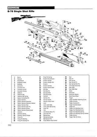 B-78 Single Shot Rifle
1 Barrel 27 Firing Pin Spring 53 Sear
2 Receiver 28 Forearm Escutcheons 54 Sear Pin
3 Breechblock 29 Forearm Hanger 55 Sear Spring
4 Buttplate Screws 30 Forearm Hanger Bolt 56 Sear Spring Pin
5 Buttplate 31 Forearm 57 Sear Spring Rest Pin
6 Connector 32 Forearm Screws 58 Front Sight Assembly
7 Connector Pin 33 Forearm Swivel Base 59 Rear Sight
8 Connector Screw 34 Grip Cap 60 Rear Sight Step
9 Connector Spring 35 Grip Cap Pin 61 Stock
10 Deflector 36 Grip Cap Plate 62 Stock Bolt
11 Deflector Ball 37 Grip Cap Screw 63 Stock Bolt Washer
12 Deflector Ball Spring 38 Hammer 64 Stock Swivel Base
13 Ejector Connecting Pin 39 Hammer Pin 65 Trigger
14 Ejector Hammer 40 Hammer Roller 66 Trigger BacklashAdjusting Screw
15 Ejector Hammer Extension 41 Hammer Roller Rivet 67 Trigger Housing
16 Ejector Hammer Extension Washer 42 Lever 68 Trigger Housing Pin
17 Ejector Hammer Sear 43 Lever Latch Balls 69 Trigger Housing Spacer
18 Ejector Hammer Sear Pin 44 Lever Latch Ball Spring 70 Trigger Pin
19 Ejector Hammer Spring 45 Lever Pin 71 Trigger Pull Adjusting Lever
20 Ejector Hammer Spring Guide 46 Link 72 Trigger Pull Adjusting Screw
21 Extractor 47 Link Breech Block Pin 73 Trigger Pull Adjusting Spring
22 Extractor Spring 48 Link Lever Pin 74 Trigger Pull Adjusting Spring Follower
23 Extractor Spring Plunger 49 Mainsprings 75 Trigger Spring
24 Firing Pin 50 Mainspring Guides 76 Trigger Take-Up Screw
25 Firing Pin Bushing 51 Mainspring Pins
26 Firing Pin Bushing Pin 52 Scope Mount Filler Screws
 