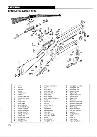 B-92 Lever-Action Rifle
1 Barrel 22 Cocking Lever Stop Screw 43 Loading Gate Cover Screw
2 Receiver 23 Ejector 44 Locking Bolt, Left
3 Breechbolt 24 Ejector Collar 45 Locking Bolt, Right
4 Buttplate 25 Ejector Collar Stop 46 Magazine Follower
5 Buttplate Screws 26 Ejector Collar Stop Pin 47 Magazine Plug
6 Buttstock 27 Ejector Spring 48 Magazine Plug Screw
7 Buttstock Lower Tang 28 Ejector Stop Pin 49 MagazineSpring
8 Buttstock Tang Screw 29 Ejector Stop Pin Plug Screw 50 MagazineTube
9 Carrier 30 Extractor 51 Mainspring
10 Carrier Screw 31 Extractor Pin 52 Mainspring Guide, Inner
11 Carrier Striker 32 Firing Pin 53 Mainspring Guide, Outer
12 Carrier Striker Pin 33 Firing Pin Stop Pin 54 Mainspring Guide Stud
13 Carrier Striker Spring 34 Forearm 55 Muzzle Clamp
14 Cartridge Guide, Left 35 Forearm Band 56 Muzzle Clamp Screw
15 Cartridge Guide, Right 36 Forearm Band Pin 57 Front Sight Assembly
16 Cartridge Guide Pin 37 Friction Stud 58 Rear Sight
17 Cartridge Guide Screw 38 Friction Stud Spring 59 Rear Sight Elevator
18 Cartridge Stop 39 Friction Stud Stop Pin 60 Trigger
19 Cartridge Stop Spring 40 Hammer 61 Trigger Pin
20 Cocking Lever 41 Hammer Screw 62 Trigger Spring
21 Cocking Lever Pin 42 Loading Gate Cover 63 Trigger Spring Screw
 