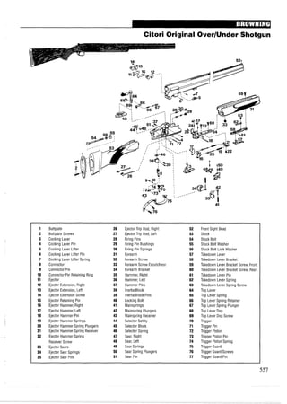 Citori Original OverIUnder Shotgun
1 Buttplate 26 Ejector Trip Rod, Right 52 Front Sight Bead
2 Buttplate Screws 27 Ejector Trip Rod, Left 53 Stock
3 Cocking Lever 28 Firing Pins 54 Stock Bolt
4 Cocking Lever Pin 29 Firing Pin Bushings 55 Stock Bolt Washer
5 Cocking Lever Lifter 30 Firing Pin Springs 56 Stock Bolt Lock Washer
6 Cocking Lever Lifter Pin 31 Forearm 57 Takedown Lever
7 Cocking Lever Lifter Spring 32 Forearm Screw 58 Takedown Lever Bracket
8 Connector 33 Forearm Screw Escutcheon 59 Takedown Lever Bracket Screw, Front
9 Connector Pin 34 Forearm Bracket 60 Takedown Lever Bracket Screw, Rear
10 Connector Pin Retaining Ring 35 Hammer, Right 61 Takedown Lever Pin
11 Ejector 36 Hammer, Left 62 Takedown Lever Spring
12 Ejector Extension, Right 37 Hammer Pins 63 Takedown Lever Spring Screw
13 Ejector Extension, Left 38 Inertia Block 64 Top Lever
14 Ejector Extension Screw 39 Inertia Block Pins 65 Top Lever Spring
15 Ejector Retaining Pin 40 Locking Bolt 66 Top Lever Spring Retainer
16 Ejector Hammer, Right 41 Mainsprings 67 Top Lever Spring Plunger
17 Ejector Hammer, Left 42 Mainspring Plungers 68 Top Lever Dog
18 Ejector Hammer Pin 43 Mainspring Receiver 69 Top Lever Dog Screw
19 Ejector Hammer Springs 44 Selector Safety 70 Trigger
20 Ejector Hammer Spring Plungers 45 Selector Block 71 Trigger Pin
21 Ejector Hammer Spring Receiver 46 Selector Spring 72 Trigger Piston
22 Ejector Hammer Spring 47 Sear, Right 73 Trigger Piston Pin
ReceiverScrew 48 Sear, Left 74 Trigger Piston Spring
23 Ejector Sears 49 Sear Springs 75 Trigger Guard
24 Ejector Sear Springs 50 Sear Spring Plungers 76 Trigger Guard Screws
25 Ejector Sear Pins 51 Sear Pin 77 Trigger Guard Pin
 