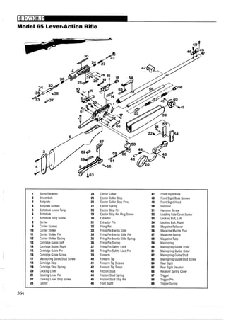 Model 65 Lever-Action Rifle
1 BarrelIReceiver 24 Ejector Collar 47 Front Sight Base
2 Breechbolt 25 Ejector Collar Stop 48 Front Sight Base Screws
3 Buttplate 26 Ejector Collar Stop Pins 49 Front Sight Hood
4 Buttplate Screws 27 Ejector Spring 50 Hammer
5 Buttstock Lower Tang 28 Ejector Stop Pin 51 Hammer Screw
6 Buttstock 29 Ejector Stop Pin Plug Screw 52 Loading Gate Cover Screw
7 Buttstock Tang Screw 30 Extractor 53 Locking Bolt, Left
8 Carrier 31 Extractor Pin 54 Locking Bolt, Right
9 Carrier Screws 32 Firing Pin 55 Magazine Follower
10 Carrier Striker 33 Firing Pin Inertia Slide 56 Magazine Muzzle Plug
11 Carrier Striker Pin 34 Firing Pin Inertia Slide Pin 57 Magazine Spring
12 Carrier Striker Spring 35 Firing Pin Inertia Slide Spring 58 MagazineTube
13 Cartridge Guide, Left 36 Firing Pin Spring 59 Mainspring
14 Cartridge Guide, Right 37 Firing Pin Safety Lock 60 Mainspring Guide, Inner
15 Cartridge Guide Pin 38 Firing Pin Safety Lock Pin 61 Mainspring Guide, Outer
16 Cartridge Guide Screw 39 Forearm 62 Mainspring Guide Stud
17 Mainspring Guide Stud Screw 40 Forearm Tip 63 Mainspring Guide Stud Screw
18 Cartridge Stop 41 Forearm Tip Screws 64 Rear Sight
19 Cartridge Stop Spring 42 ForearmTip Tenon 65 Rear Sight Elevator
20 Cocking Lever 43 Friction Stud 66 ReceiverSpring Cover
21 Cocking Lever Pin 44 Friction Stud Spring 67 Trigger
22 Cocking Lever Stop Screw 45 Friction Stud Stop Pin 68 Trigger Pin
23 Ejector 46 Front Sight 69 Trigger Spring
 