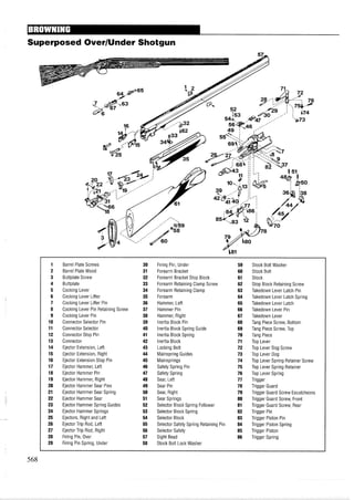 Superposed OverIUnder Shotgun
1 Barrel Plate Screws 30 Firing Pin, Under 59 Stock Bolt Washer
2 Barrel Plate Wood 31 Forearm Bracket 60 Stock Bolt
3 Buttplate Screw 32 Forearm Bracket Stop Block 61 Stock
4 Buttplate 33 Forearm Retaining Clamp Screw 62 Stop Block Retaining Screw
5 Cocking Lever 34 Forearm Retaining Clamp 63 Takedown Lever Latch Pin
6 Cocking Lever Lifter 35 Forearm 64 Takedown Lever Latch Spring
7 Cocking Lever Lifter Pin 36 Hammer, Left 65 Takedown Lever Latch
8 Cocking Lever Pin Retaining Screw 37 Hammer Pin 66 Takedown Lever Pin
9 Cocking Lever Pin 38 Hammer, Right 67 Takedown Lever
10 Connector Selector Pin 39 Inertia Block Pin 68 Tang Piece Screw, Bottom
11 Connector Selector 40 Inertia Block Spring Guide 69 Tang Piece Screw, Top
12 Connector Stop Pin 41 Inertia Block Spring 70 Tang Piece
13 Connector 42 Inertia Block 71 Top Lever
14 Ejector Extension, Left 43 Locking Bolt 72 Top Lever Dog Screw
15 Ejector Extension, Right 44 Mainspring Guides 73 Top Lever Dog
16 Ejector Extension Stop Pin 45 Mainsprings 74 Top Lever Spring Retainer Screw
17 Ejector Hammer, Left 46 Safety Spring Pin 75 Top Lever Spring Retainer
18 Ejector Hammer Pin 47 Safety Spring 76 Top Lever Spring
19 Ejector Hammer, Right 48 Sear, Left 77 Trigger
20 Ejector Hammer Sear Pins 49 Sear Pin 78 Trigger Guard
21 Ejector Hammer Sear Spring 50 Sear, Right 79 Trigger Guard Screw Escutcheons
22 Ejector Hammer Sear 51 Sear Springs 80 Trigger Guard Screw, Front
23 Ejector Hammer Spring Guides 52 Selector Block Spring Follower 81 Trigger Guard Screw, Rear
24 Ejector Hammer Springs 53 Selector Block Spring 82 Trigger Pin
25 Ejectors, Right and Left 54 Selector Block 83 Trigger Piston Pin
26 Ejector Trip Rod, Left 55 Selector Safety Spring Retaining Pin 84 Trigger Piston Spring
27 Ejector Trip Rod, Right 56 Selector Safety 85 Trigger Piston
28 Firing Pin, Over 57 Sight Bead 86 Trigger Spring
29 Firing Pin Spring, Under 58 Stock Bolt Lock Washer
 