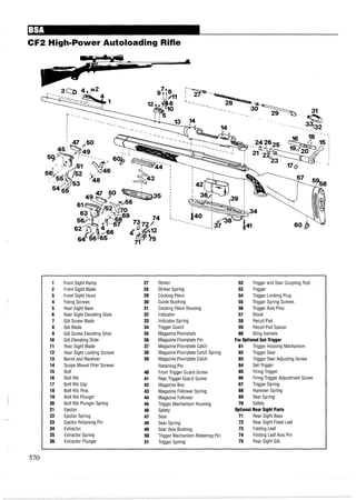 CF2 High-Power Autoloading Rifle
1 Front Sight Ramp 27 Striker 52 Trigger and Sear Coupling Rod
2 Front Sight Blade 28 Striker Spring 53 Trigger
3 Front Sight Hood 29 Cocking Piece 54 Trigger Locking Plug
4 Fixing Screws 30 Guide Bushing 55 Trigger Spring Screws
5 Rear Sight Base 31 Cocking Piece Housing 56 Trigger Axis Pins
6 Rear Sight Elevating Slide 32 Indicator 57 Stock
7 Gib Screw Blade 33 Indicator Spring 58 Recoil Pad
8 Gib Blade 34 Trigger Guard 59 Recoil Pad Spacer
9 Gib Screw Elevating Slide 35 Magazine Floorplate 60 Sling Swivels
10 Gib Elevating Slide 36 Magazine Floorplate Pin For OptionalSet-Trigger
11 Rear Sight Blade 37 Magazine Floorplate Catch 61 Trigger Housing Mechanism
12 Rear Sight Locking Screws 38 Magazine Floorplate Catch Spring 62 Trigger Sear
13 Barrel and Receiver 39 Magazine Floorplate Catch 63 Trigger Sear Adjusting Screw
14 Scope Mount Filler Screws Retaining Pin 64 Set-Trigger
15 Bolt 40 Front Trigger Guard Screw 65 Firing Trigger
16 Bolt Rib 41 Rear Trigger Guard Screw 66 Firing Trigger Adjustment Screw
17 Bolt Rib Clip 42 Magazine Box 67 Trigger Spring
18 Bolt Rib Pins 43 Magazine Follower Spring 68 Hammer Spring
19 Bolt Rib Plunger 44 Magazine Follower 69 Sear Spring
20 Bolt Rib Plunger Spring 45 Trigger Mechanism Housing 70 Safety
21 Ejector 46 Safety OptionalRear Sight Parts
22 Ejector Spring 47 Sear 71 Rear Sight Base
23 Ejector Retaining Pin 48 Sear Spring 72 Rear Sight Fixed Leaf
24 Extractor 49 Sear Axis Bushing 73 Folding Leaf
25 Extractor Spring 50 Trigger Mechanism Retaining Pin 74 Folding Leaf Axis Pin
26 Extractor Plunger 51 Trigger Spring 75 Rear Sight Gib
 