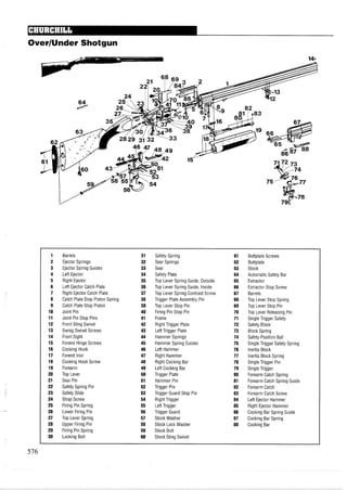 OverIUnder Shotgun
1 Barrels 31 Safety Spring 61 Buttplate Screws
2 Ejector Springs 32 Sear Springs 62 Buttplate
3 Ejector Spring Guides 33 Sear 63 Stock
4 Left Ejector 34 Safety Plate 64 Automatic Safety Bar
5 Right Ejector 35 Top Lever Spring Guide, Outside 65 Extractor
6 Left Ejector Catch Plate 36 Top Lever Spring Guide, Inside 66 Extractor Stop Screw
7 Right Ejector Catch Plate 37 Top Lever Spring Contrast Screw 67 Barrels
8 Catch Plate Stop Piston Spring 38 Trigger Plate Assembly Pin 68 Top Lever Stop Spring
9 Catch Plate Stop Piston 39 Top Lever Stop Pin 69 Top Lever Stop Pin
10 Joint Pin 40 Firing Pin Stop Pin 70 Top Lever Releasing Pin
11 Joint Pin Stop Pins 41 Frame 71 Single Trigger Safety
12 Front Sling Swivel 42 Right Trigger Plate 72 Safety Block
13 Swing Swivel Screws 43 Left Trigger Plate 73 Block Spring
14 Front Sight 44 Hammer Springs 74 Safety Position Ball
15 Forend Hinge Screws 45 Hammer Spring Guides 75 Single Trigger Safety Spring
16 Cocking Hook 46 Left Hammer 76 Inertia Block
17 Forend Iron 47 Right Hammer 77 Inertia Block Spring
18 Cocking Hook Screw 48 Right Cocking Bar 78 Single Trigger Pin
19 Forearm 49 Left Cocking Bar 79 Single Trigger
20 Top Lever 50 Trigger Plate 80 Forearm Catch Spring
21 Sear Pin 51 Hammer Pin 81 Forearm Catch Spring Guide
22 Safety Spring Pin 52 Trigger Pin 82 Forearm Catch
23 Safety Slide 53 Trigger Guard Stop Pin 83 Forearm Catch Screw
24 Strap Screw 54 Right Trigger 84 Left Ejector Hammer
25 Firing Pin Spring 55 Left Trigger 85 Right Ejector Hammer
26 Lower Firing Pin 56 Trigger Guard 86 Cocking Bar Spring Guide
27 Top Lever Spring 57 Stock Washer 87 Cocking Bar Spring
28 Upper Firing Pin 58 Stock Lock Washer 88 Cocking Bar
29 Firing Pin Spring 59 Stock Bolt
30 Locking Bolt 60 Stock Sling Swivel
 